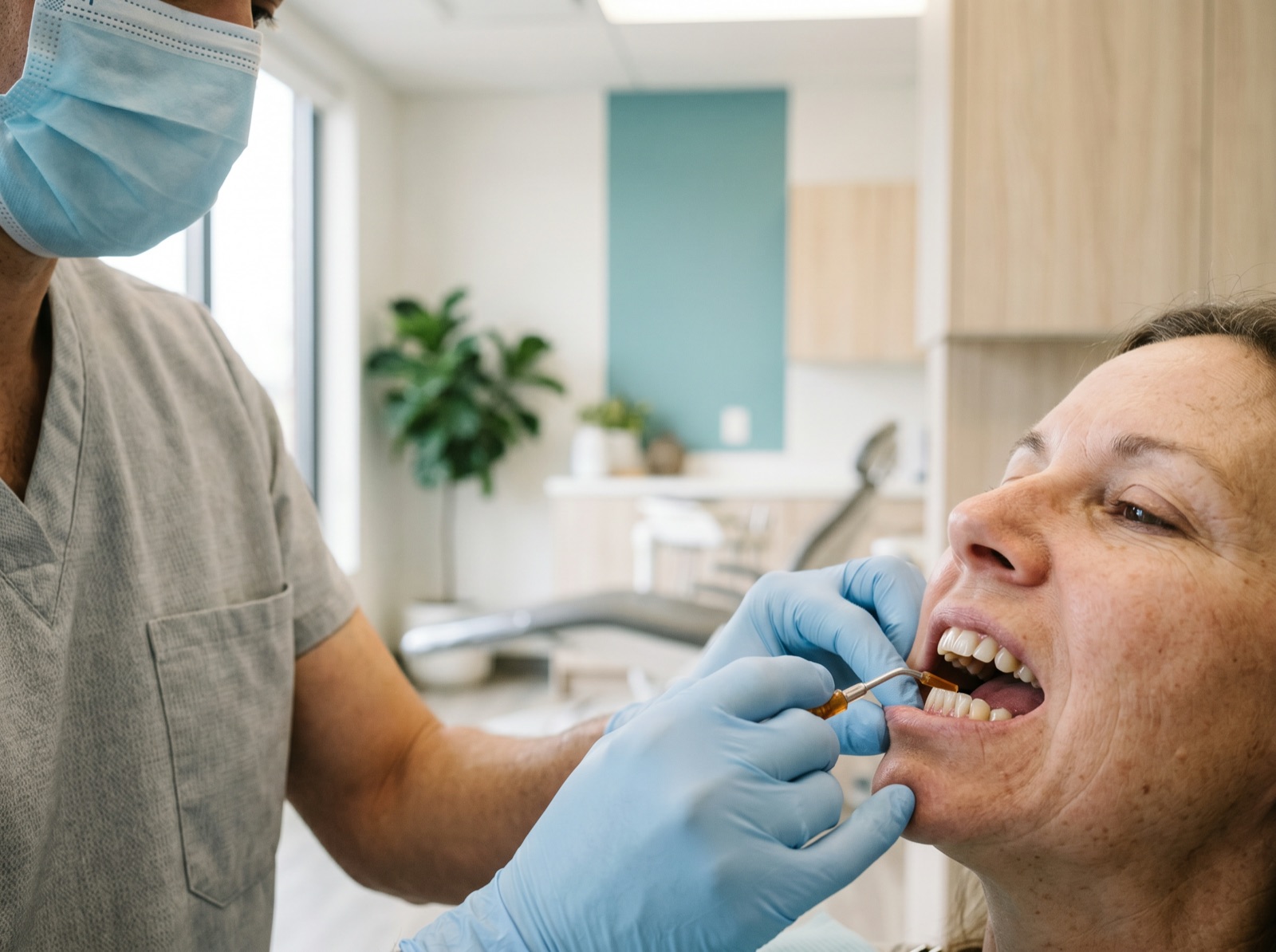A dentist applying a topical antibiotic gel along a patient's gumline