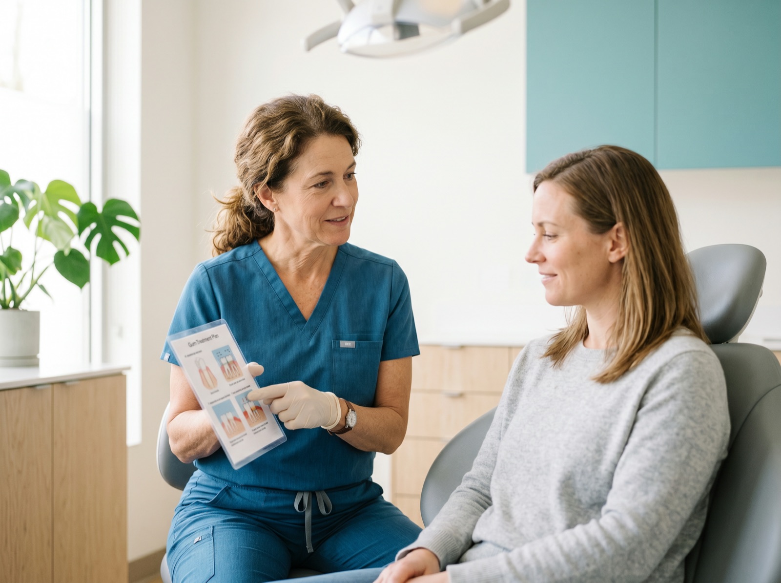 A dentist explaining a gum-treatment plan to a seated patient