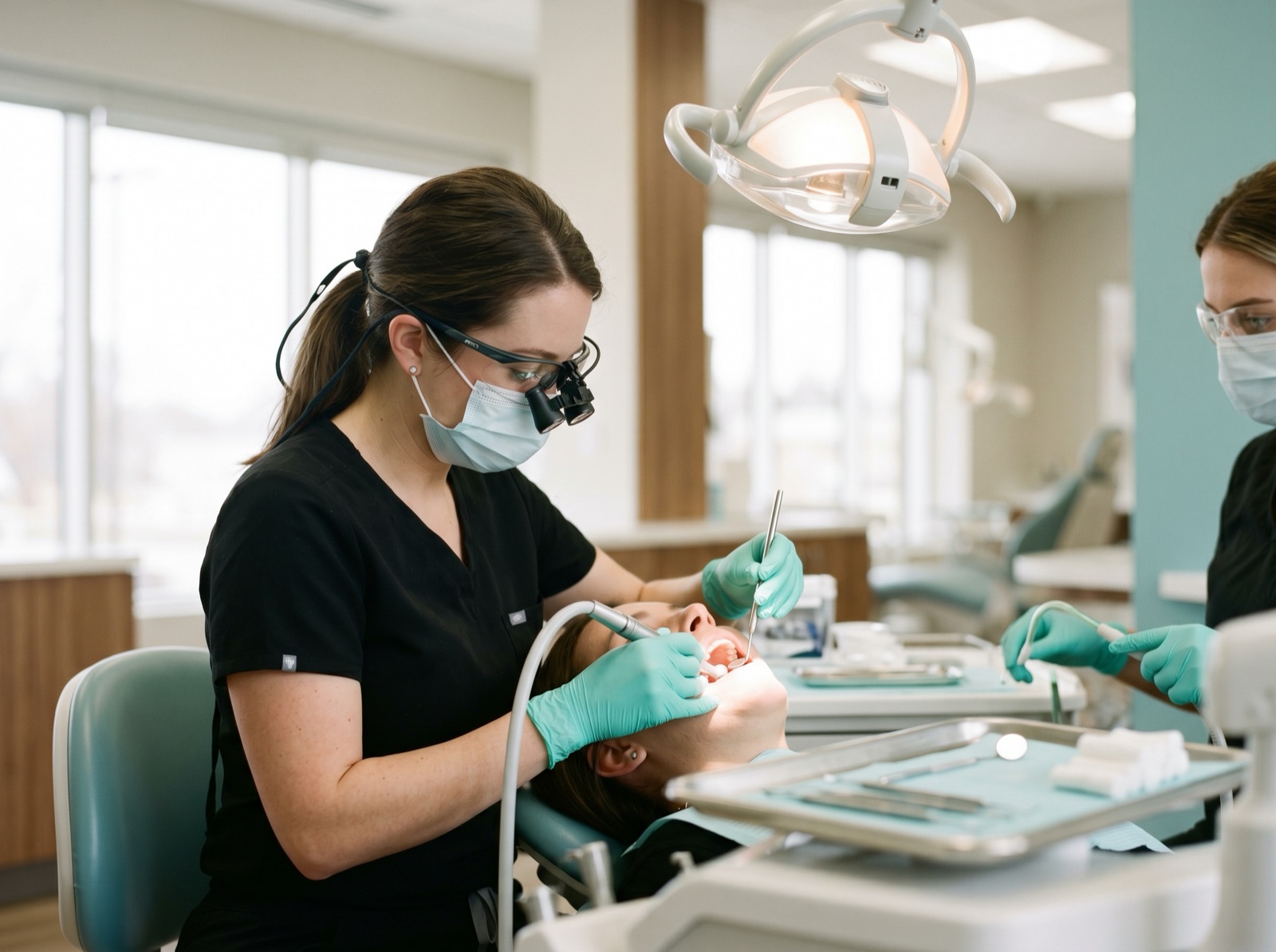 A dentist wearing loupes and teal gloves performing precise treatment on a tooth under operatory light