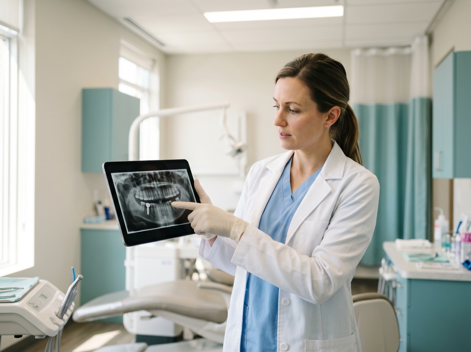 A gloved dental professional reviewing a panoramic jaw x-ray on a tablet