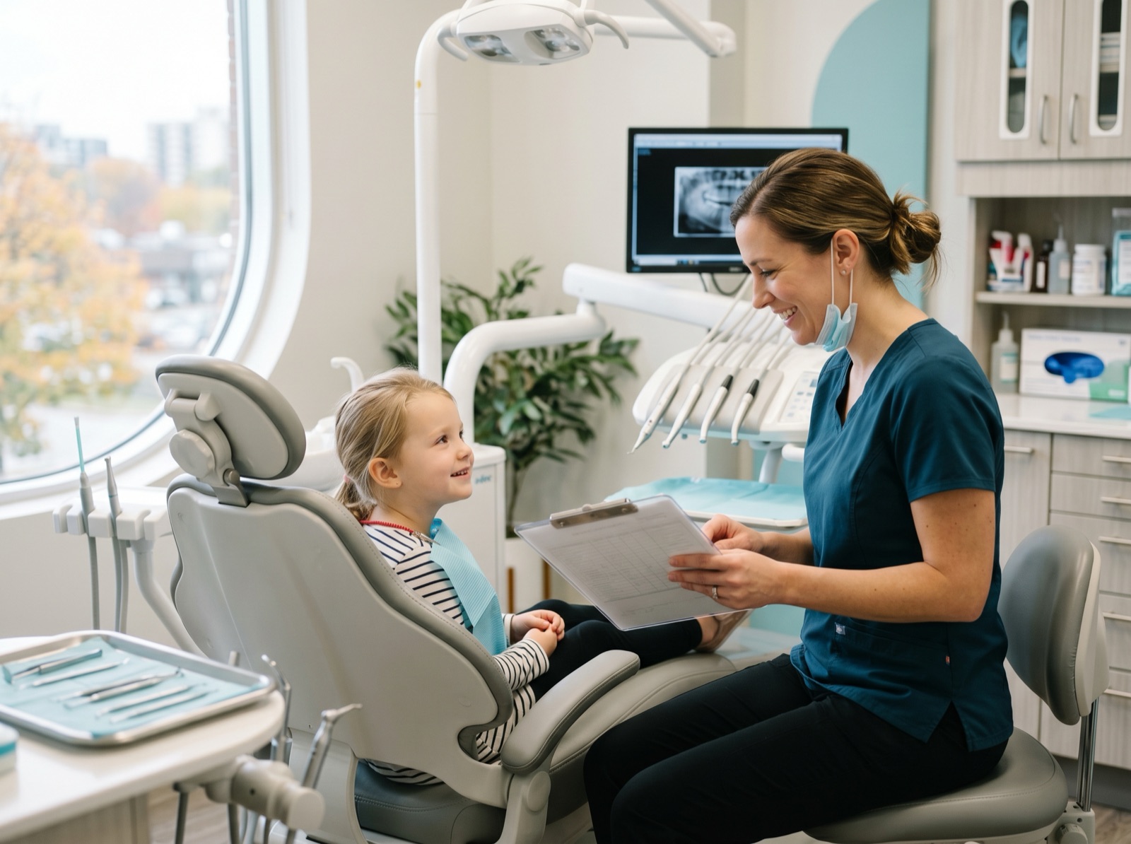 A calm, happy young child sitting comfortably in a dental chair while a kind dentist reviews a chart