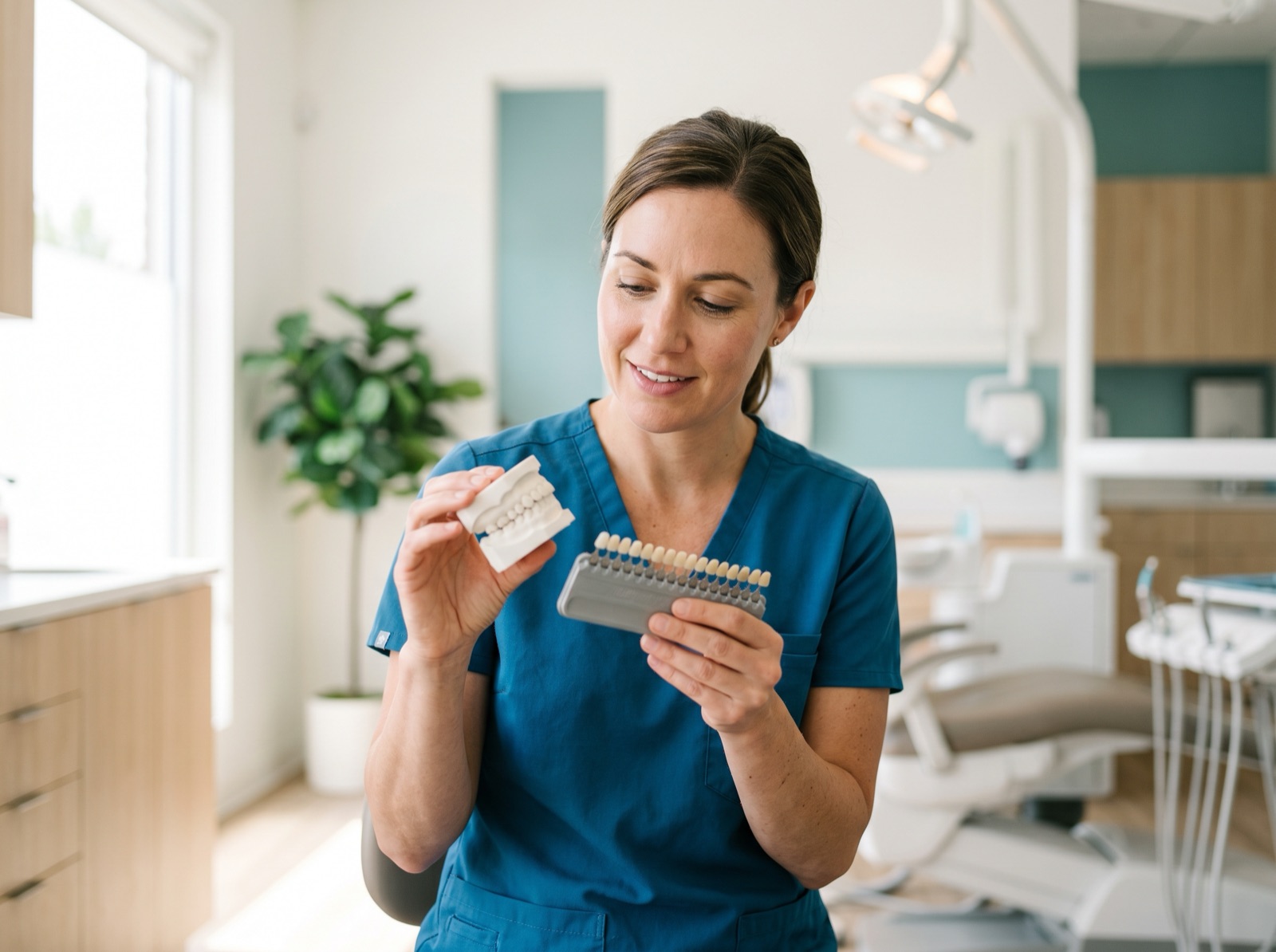 A Trillium dentist using a dental model and shade guide to explain a smile-restoration plan