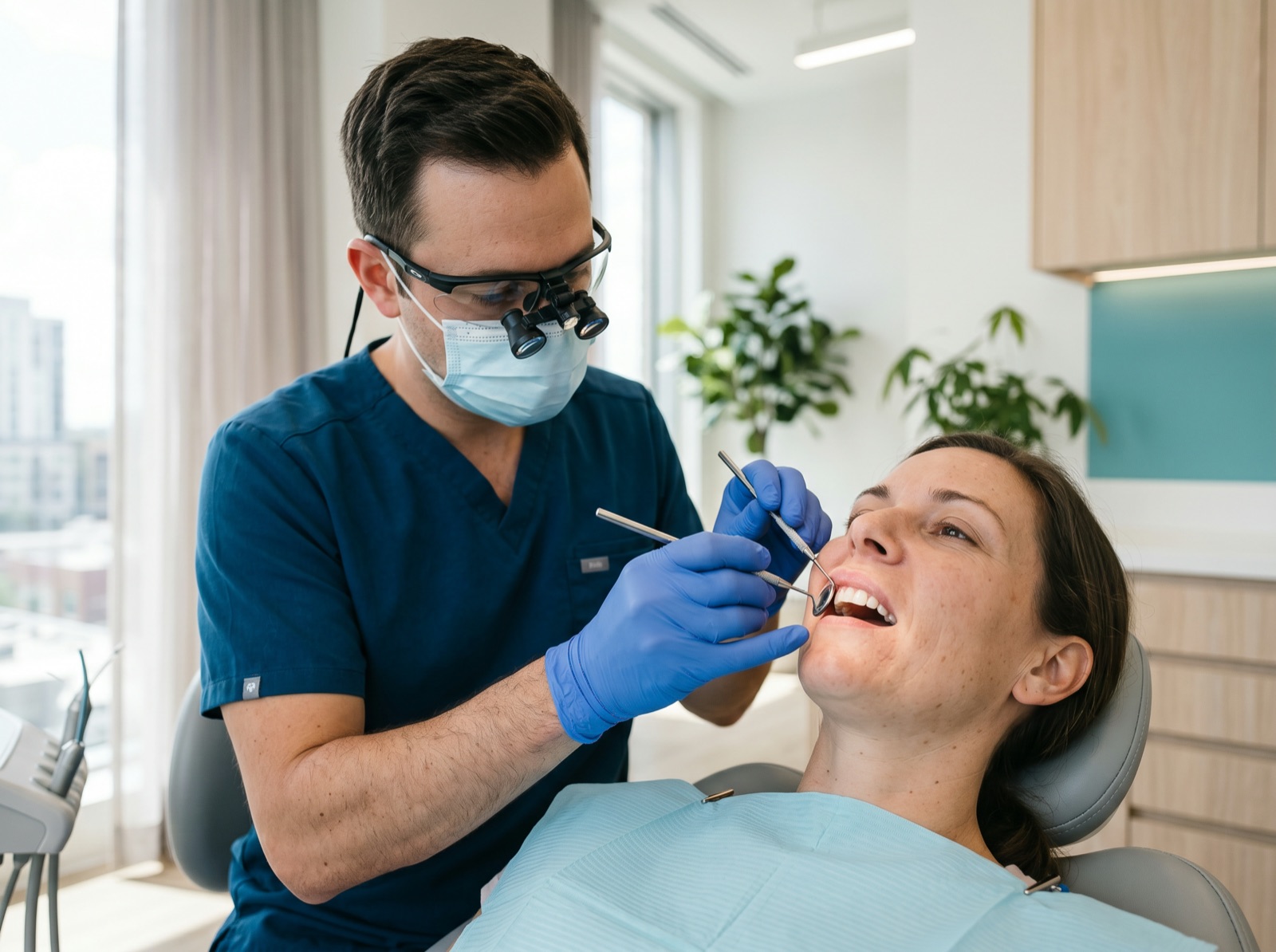 A dentist examining a patient's gumline with a dental mirror and probe