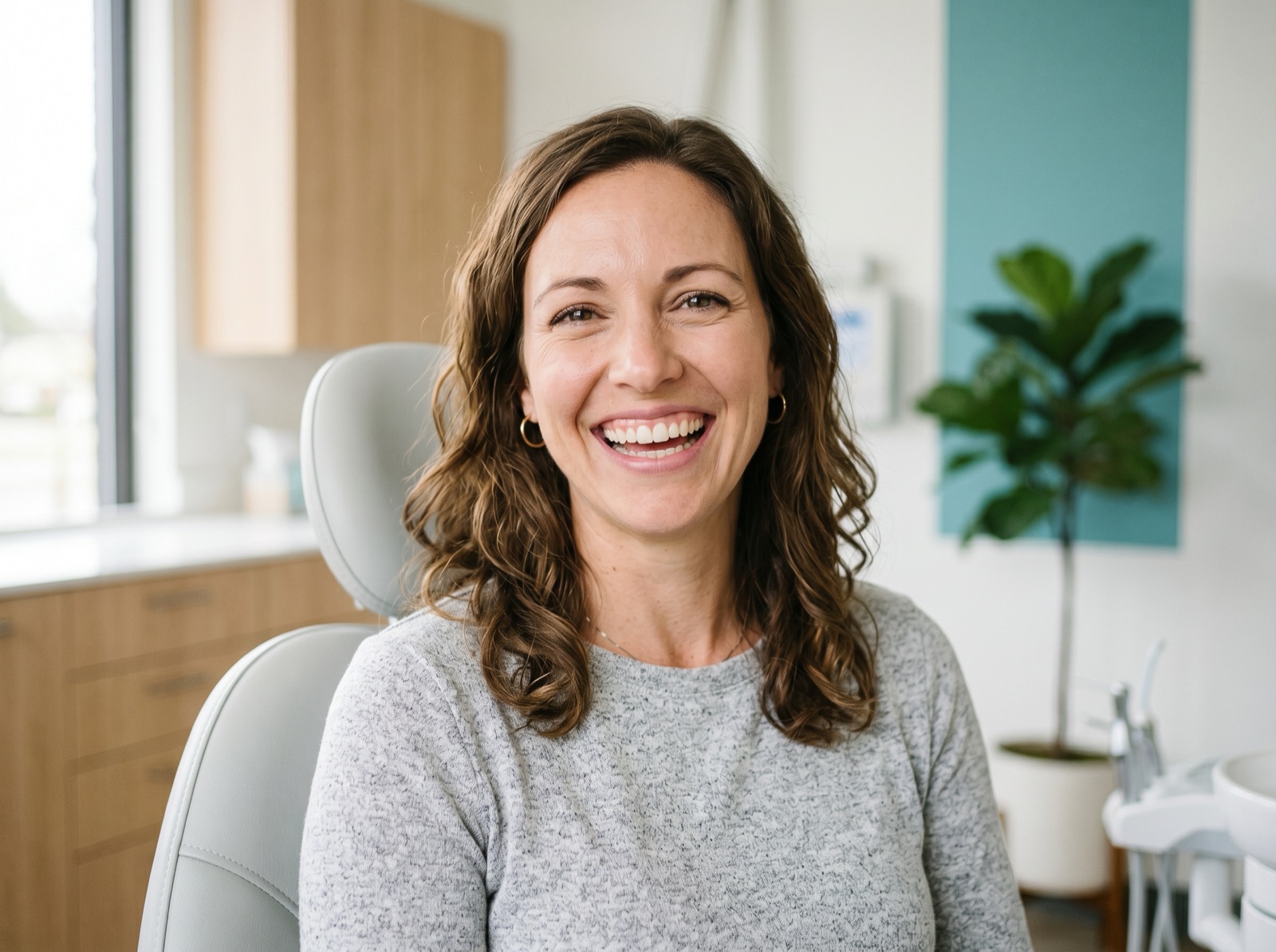 A healthy adult smiling to reveal a balanced, even gumline