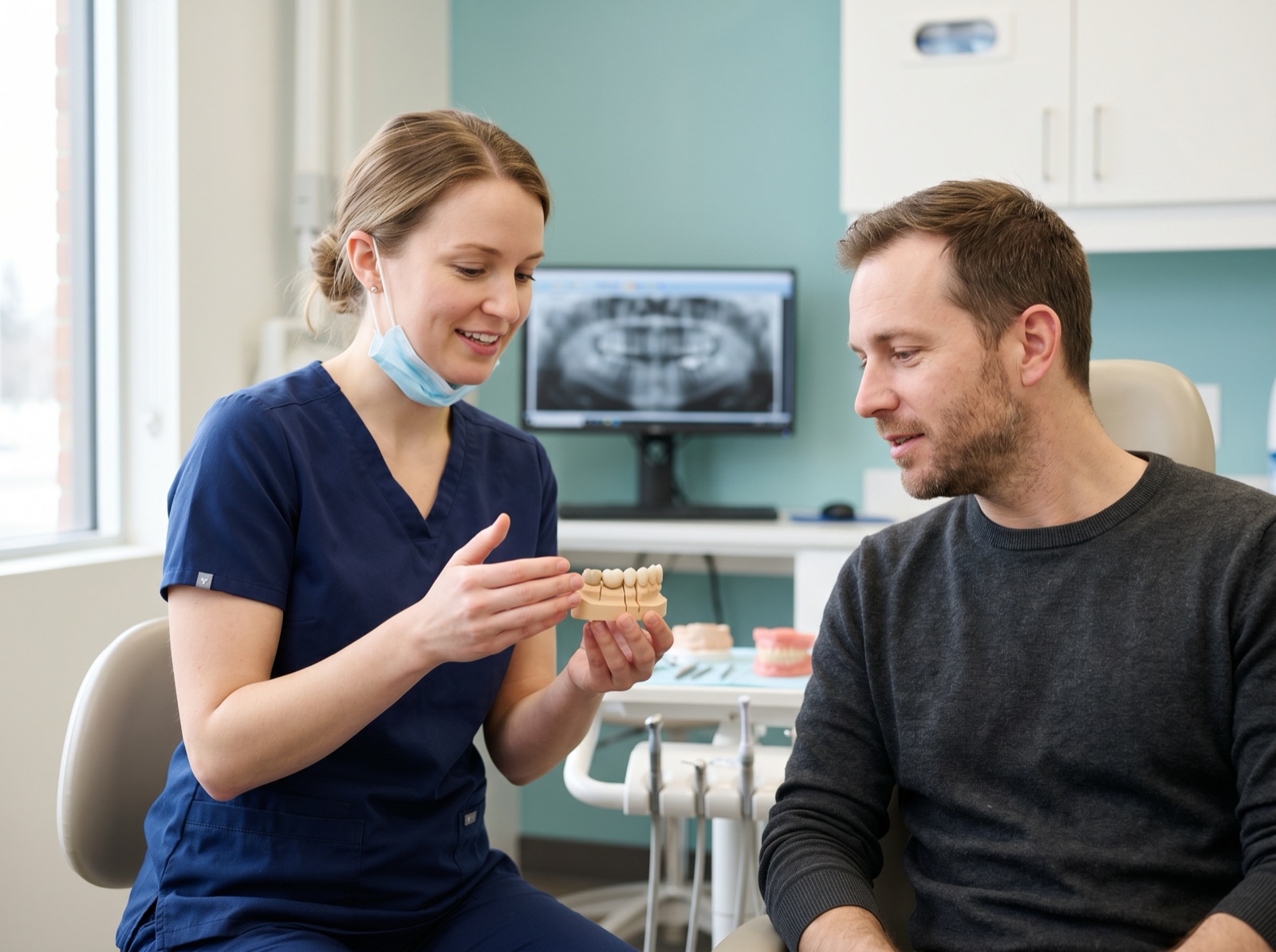 A dentist showing a dental bridge model to an attentive adult patient in a bright consultation room