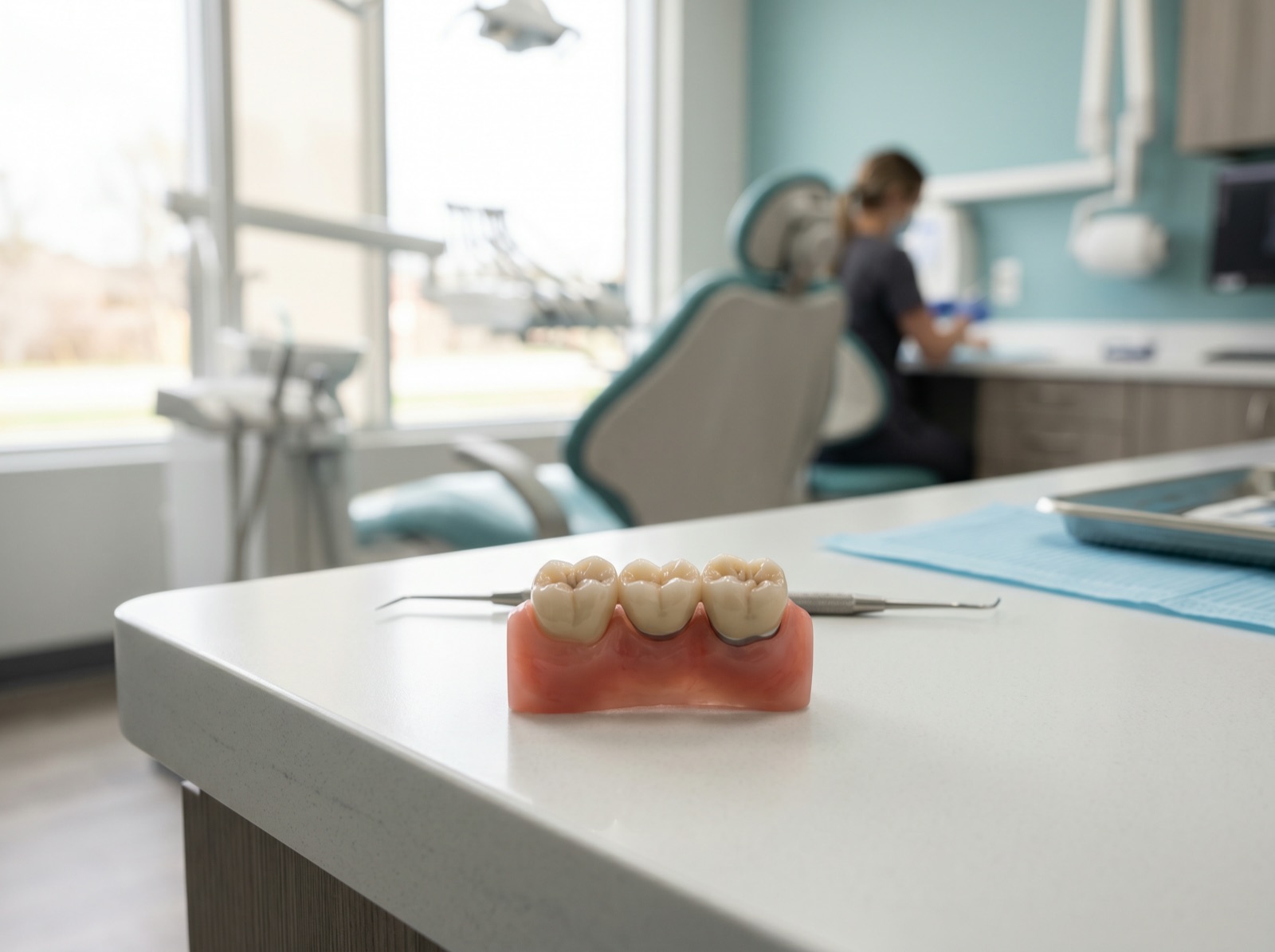 A dental bridge model showing two crowns and a pontic replacing a missing tooth on a clean surface