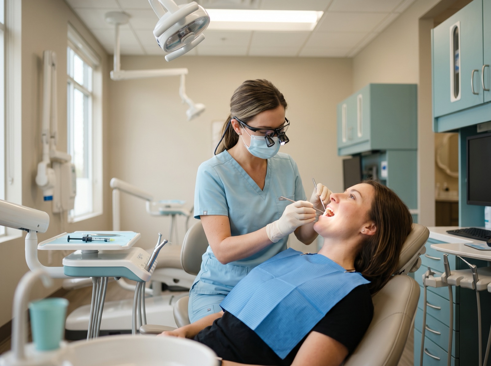 A dentist using a mirror and probe to examine a patient's teeth during a routine check-up