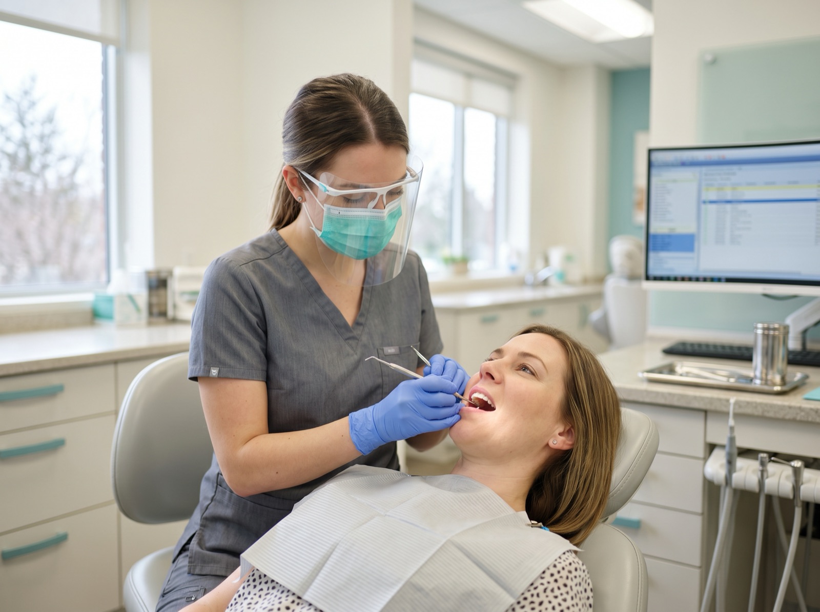 A registered dental hygienist gently performing a professional teeth cleaning on a relaxed patient