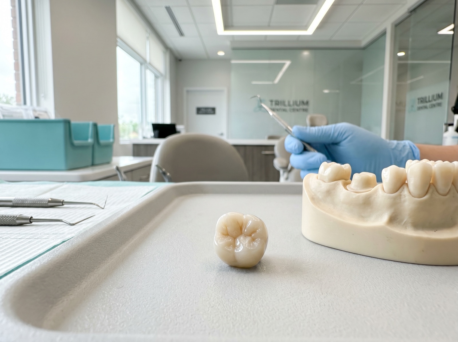A single tooth-coloured porcelain dental crown resting on a clean clinical surface beside a tooth model