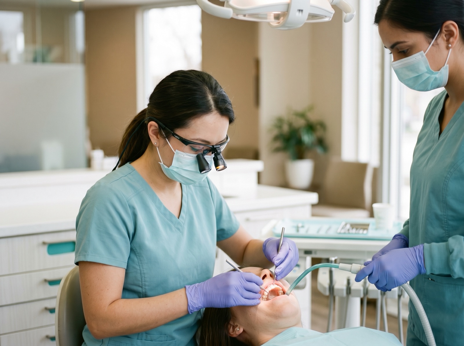 A dentist carefully placing a tooth-coloured composite filling on a tooth using dental instruments