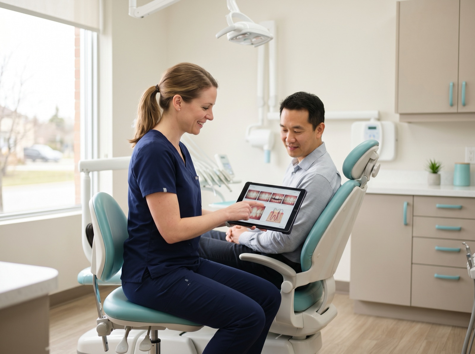 A Waterloo dentist reviewing a restorative treatment plan with a relaxed adult patient on a tablet
