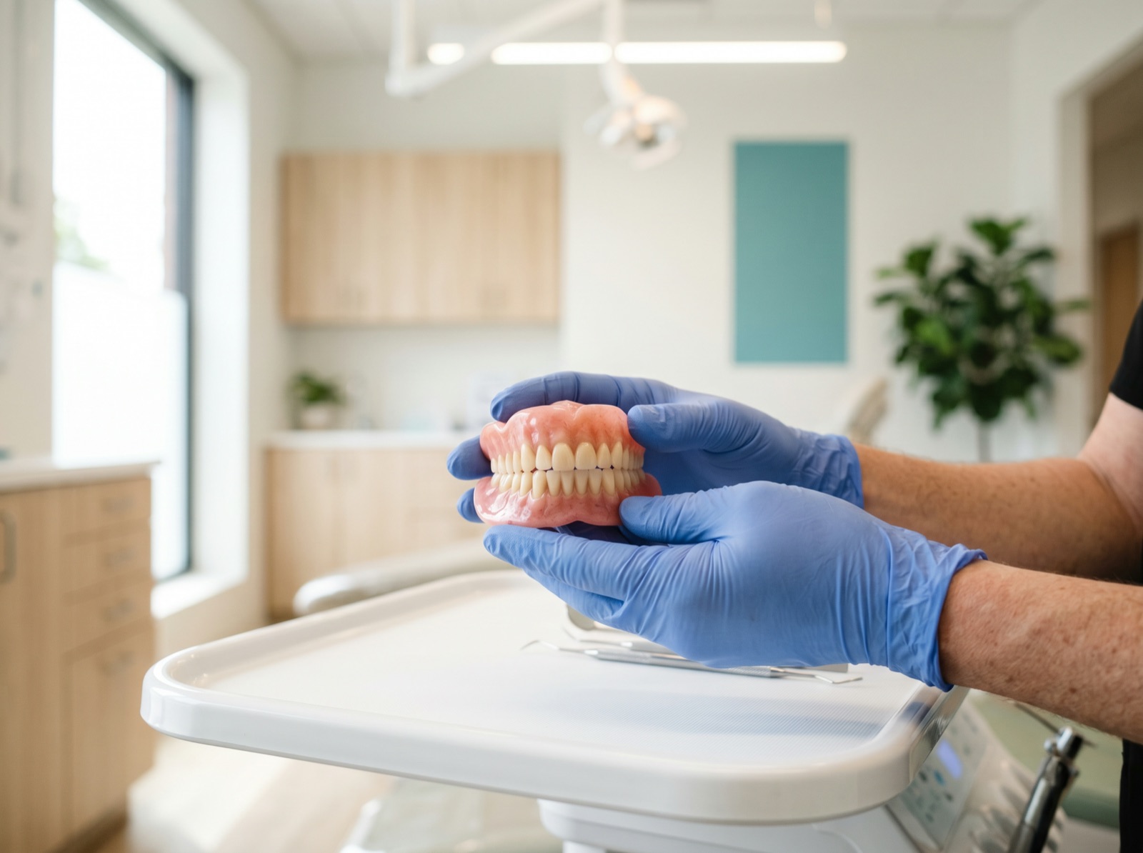 A complete set of dentures held in a dentist's gloved hands