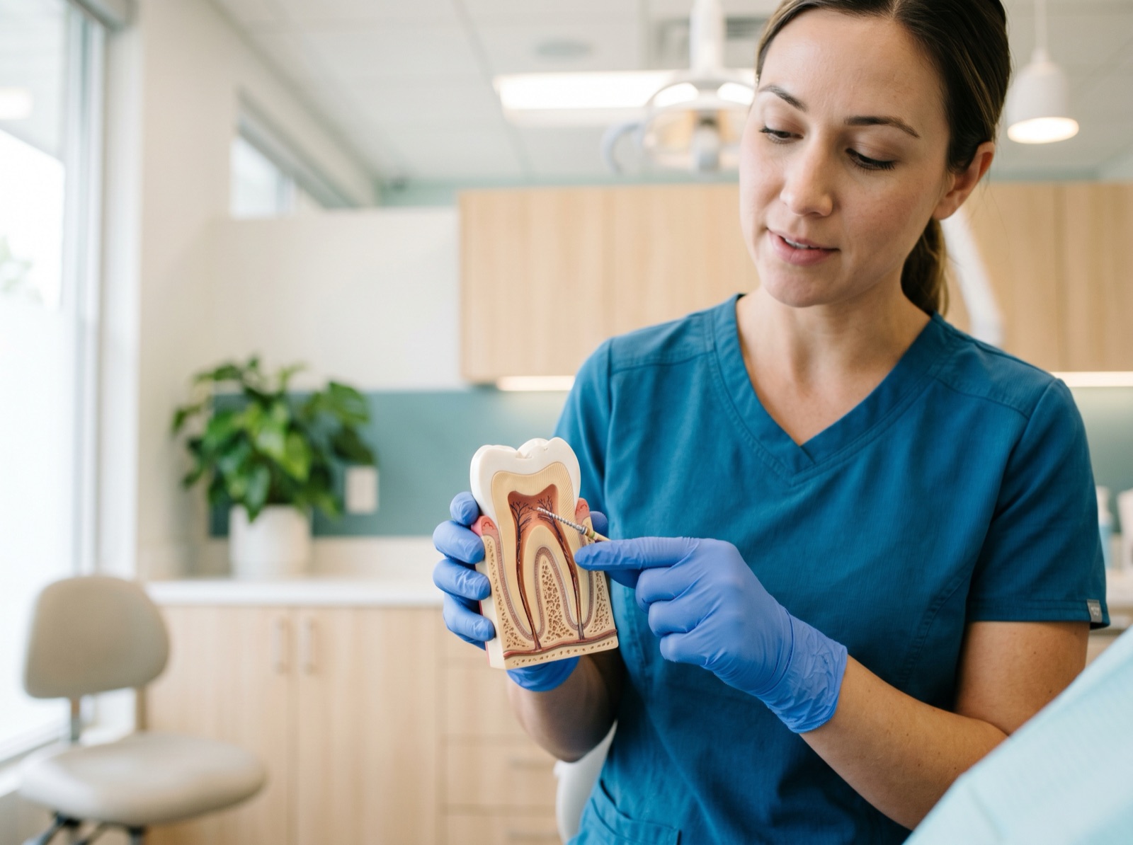 A dentist holding a cross-section dental model showing a tooth root