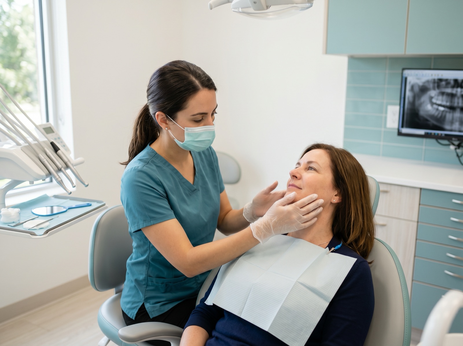 A dentist gently examining an adult patient's jaw and cheek with gloved hands in a clinical exam room