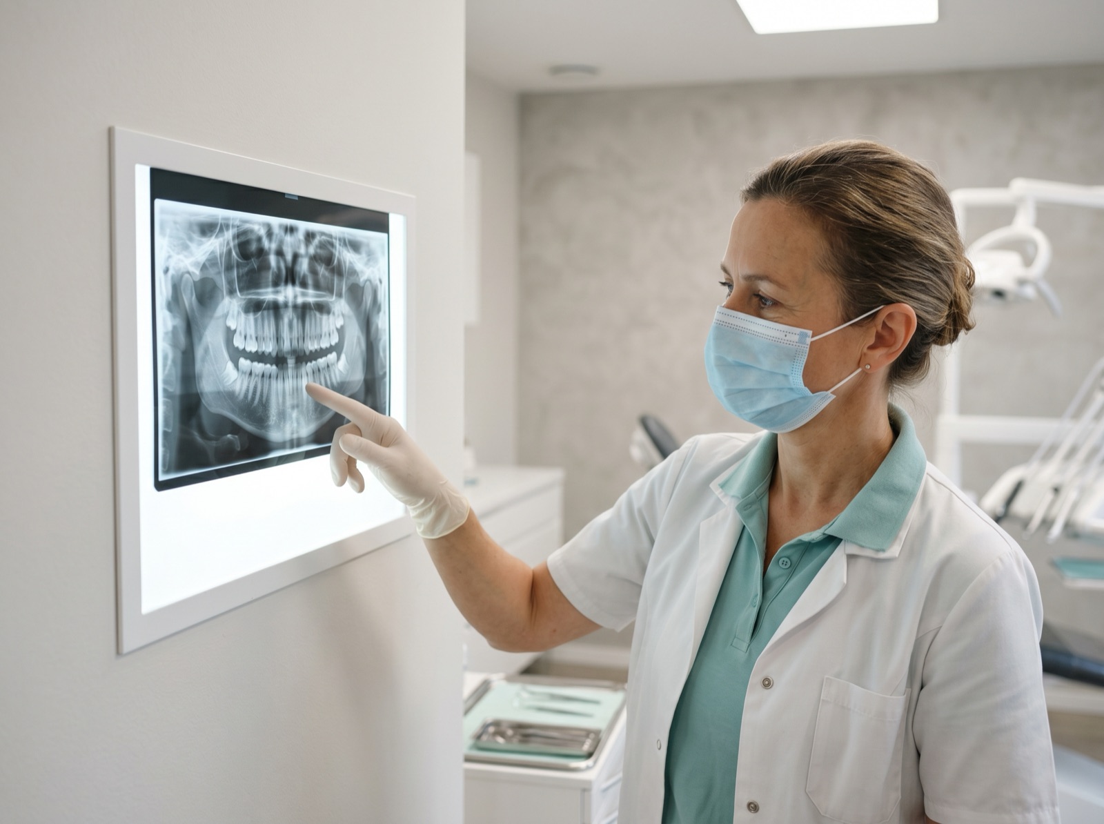 A facial-bone and jaw radiograph shown on a wall-mounted lightbox in a modern dental surgery