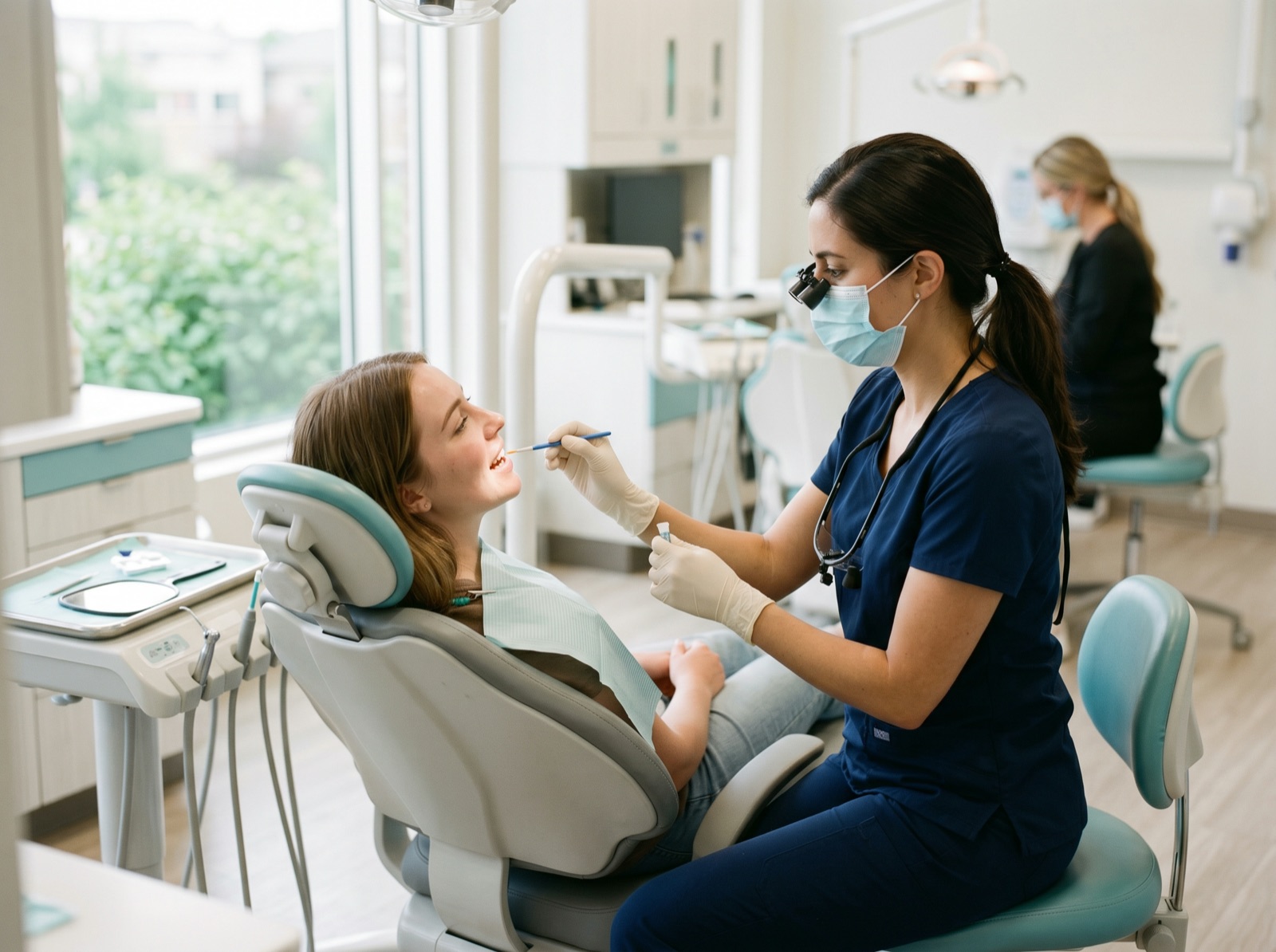 A dentist applying fluoride varnish to a patient's teeth with a small brush in a bright operatory