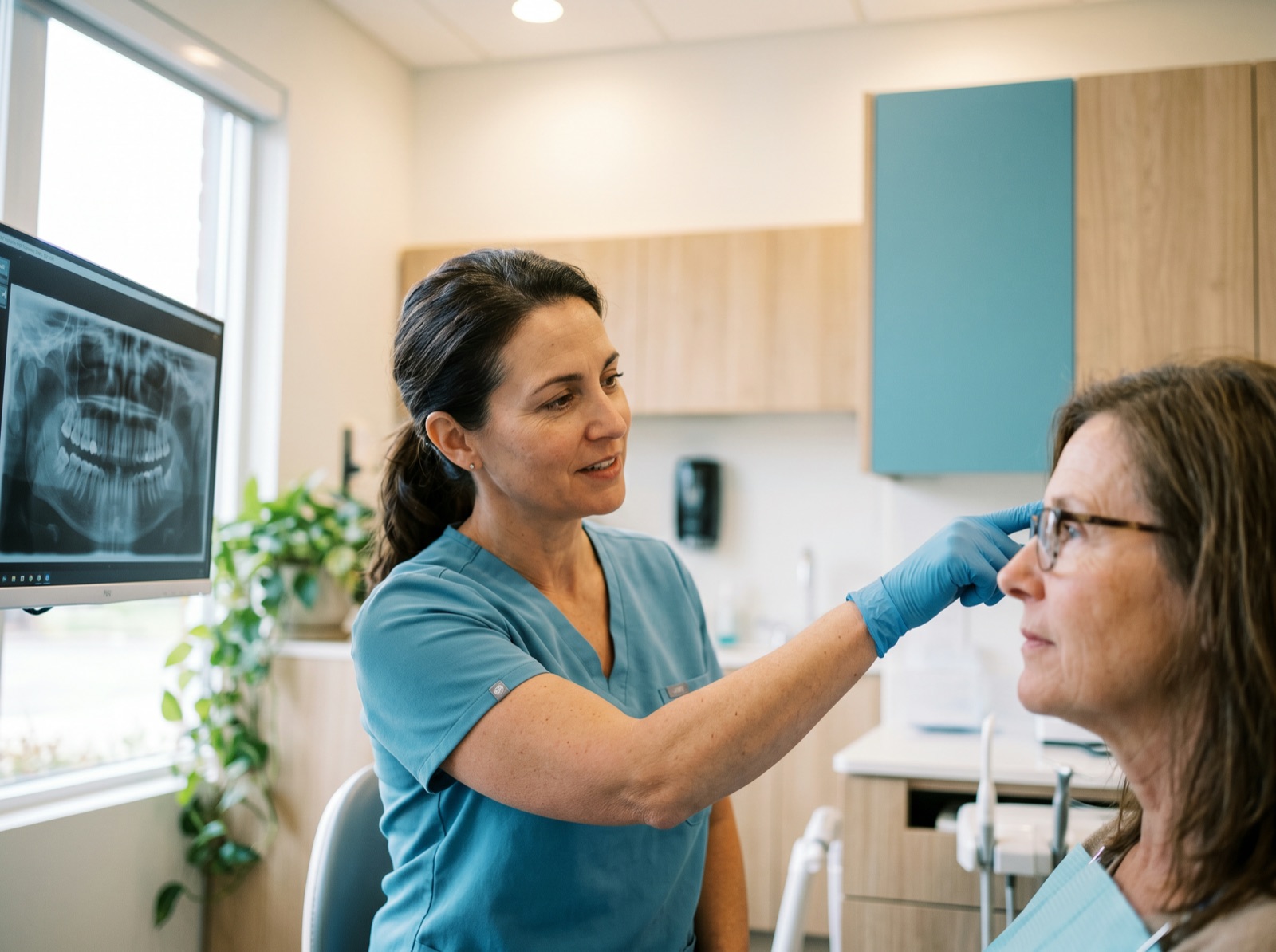 A periodontist explaining a jawbone treatment plan using a panoramic x-ray