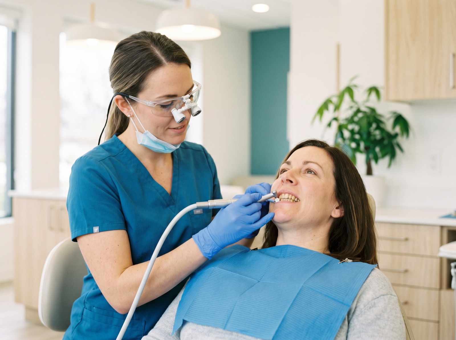 A dental hygienist performing a gentle professional teeth cleaning