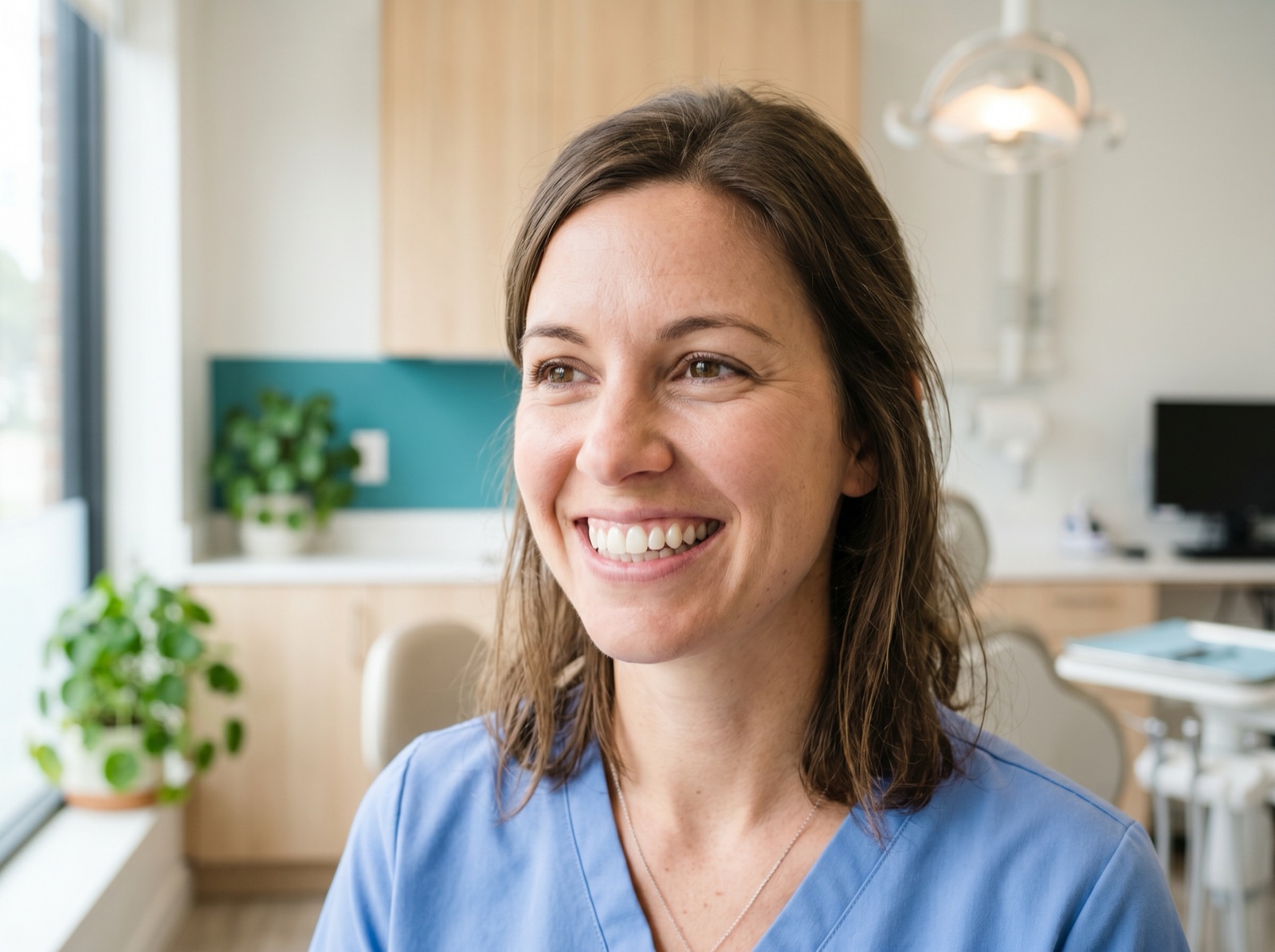 A woman with a bright, freshly cleaned, healthy smile