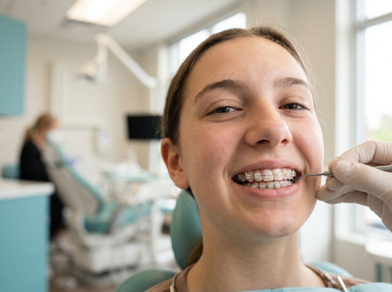 A teenage patient's smile fitted with clear orthodontic braces and a guiding bracket