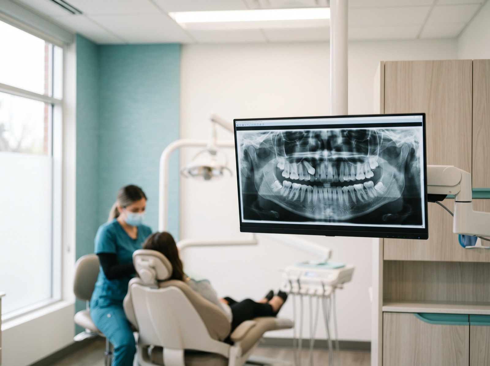 A panoramic dental x-ray on screen showing an impacted upper canine angled beneath the gum
