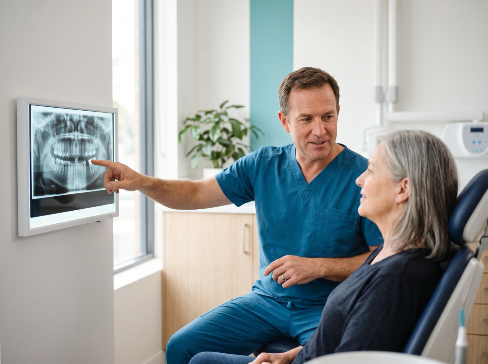 A dentist explaining a dental implant plan to a patient using a panoramic x-ray