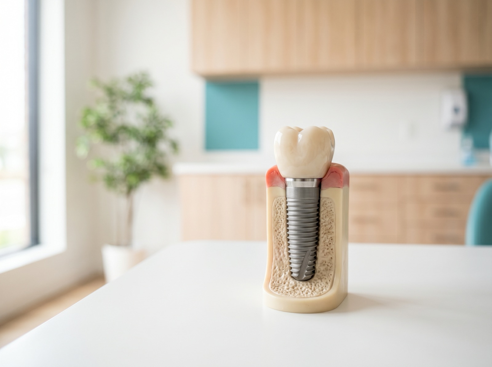 A dental implant model showing a titanium post and ceramic crown in the jaw
