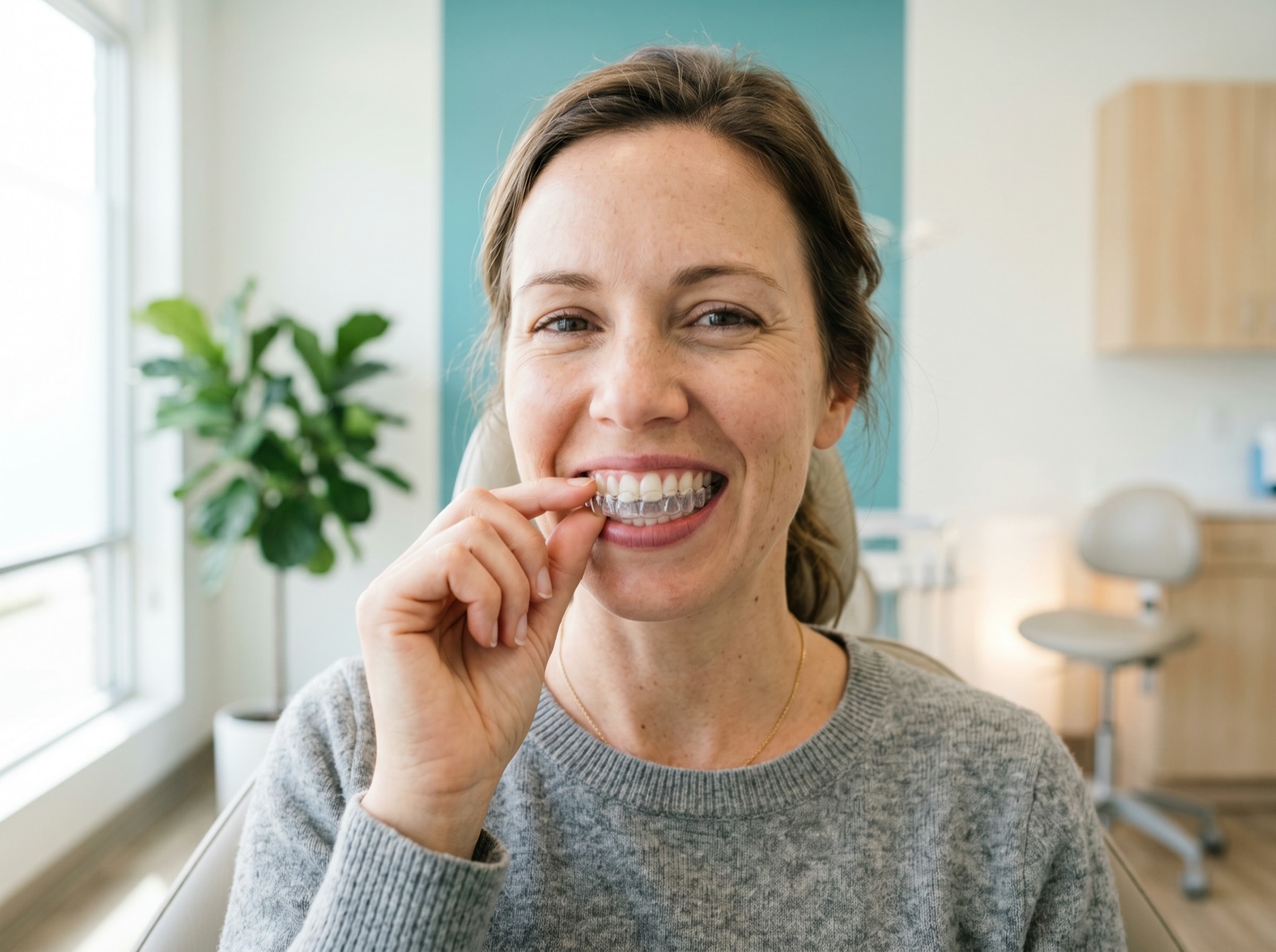 An adult placing a clear Invisalign aligner over their upper teeth