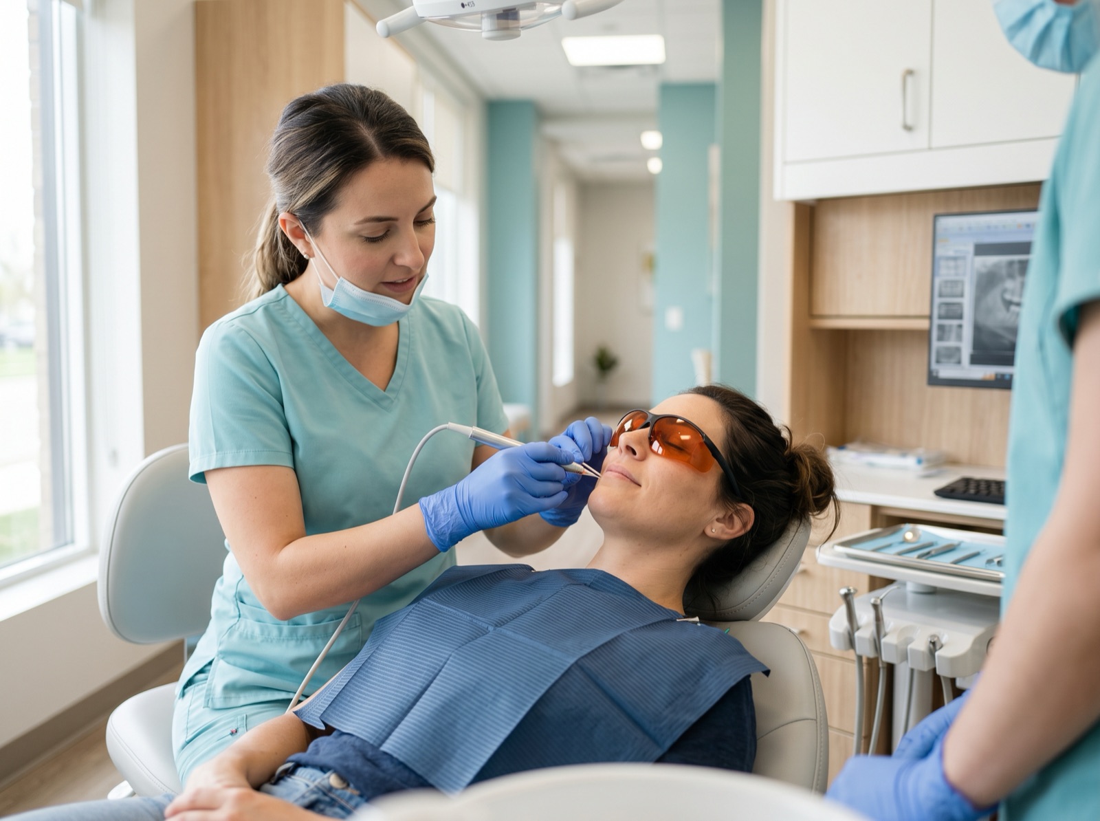 A relaxed patient wearing protective tinted safety glasses during a gentle laser dentistry procedure
