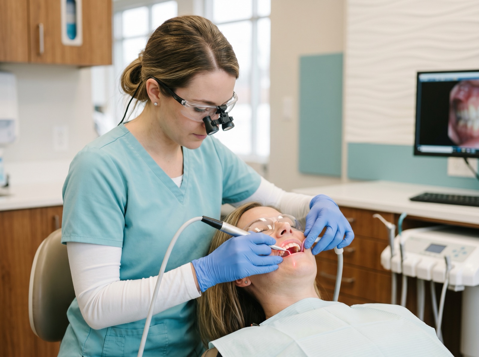 A modern dental soft-tissue laser handpiece being used precisely on a relaxed patient at the gumline