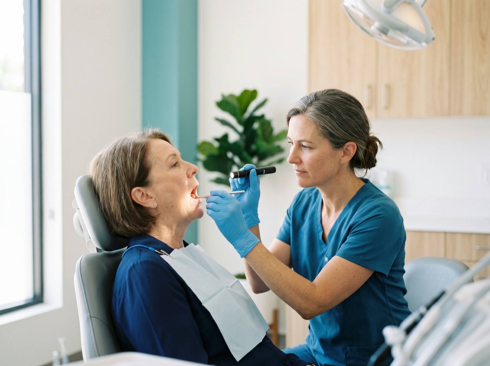 A dentist gently examining the inside of a patient's mouth with a light and mirror