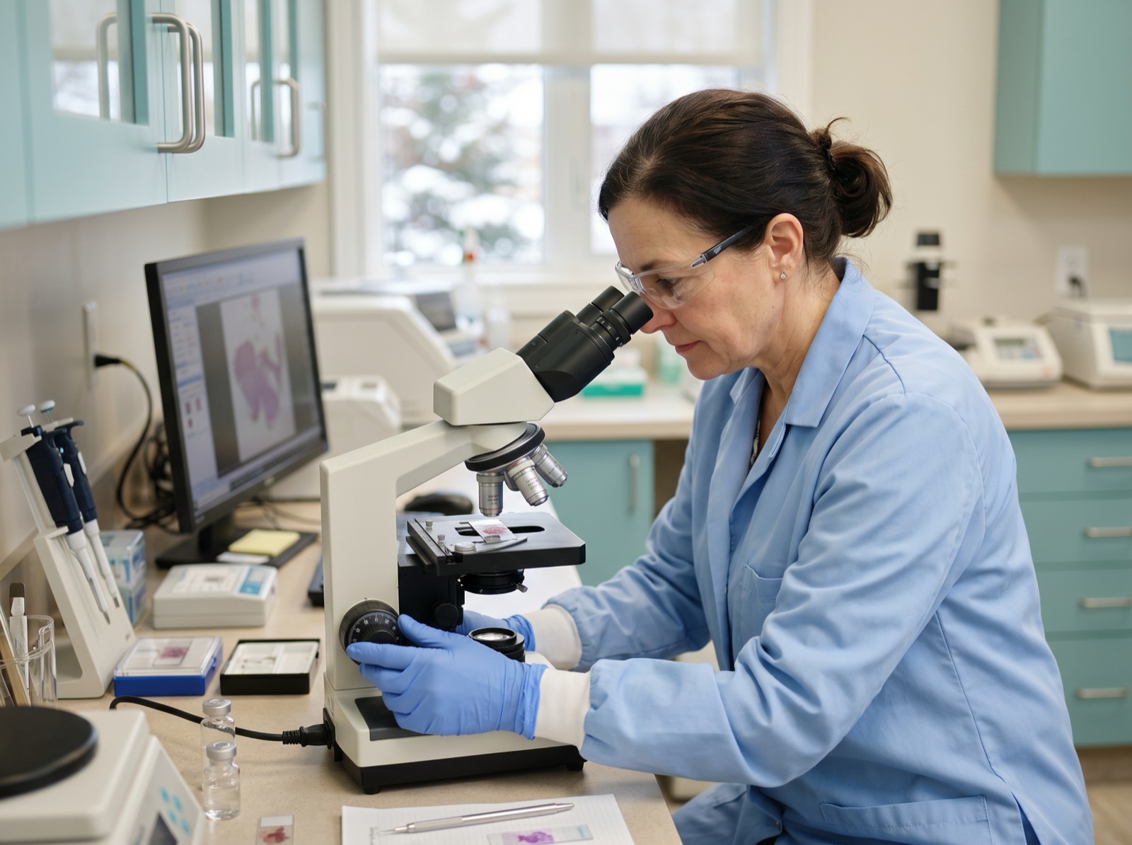 A laboratory specialist examining a tissue biopsy slide under a microscope in a clean pathology lab