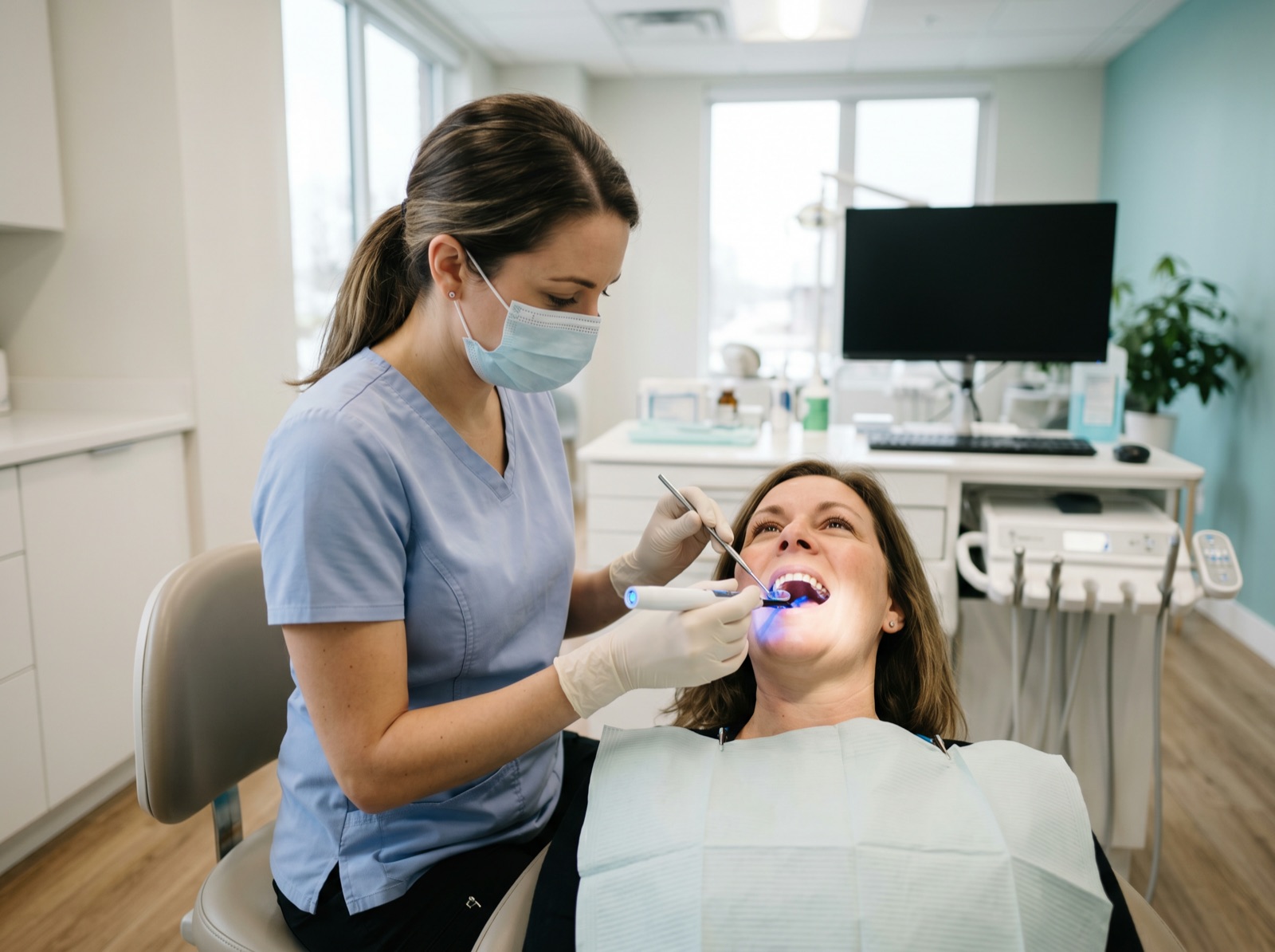 A dentist using an intraoral light and mirror to screen the soft tissue inside a patient's mouth