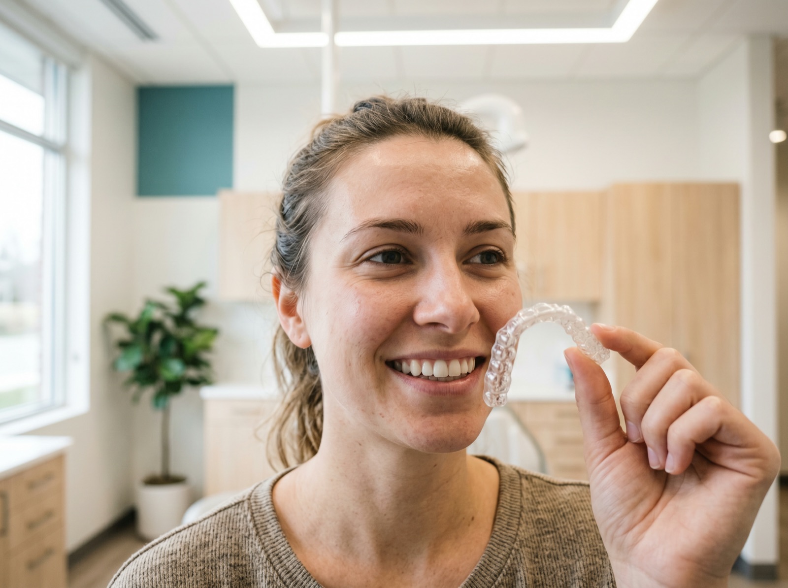 A relaxed patient holding a clear removable orthodontic aligner, smiling