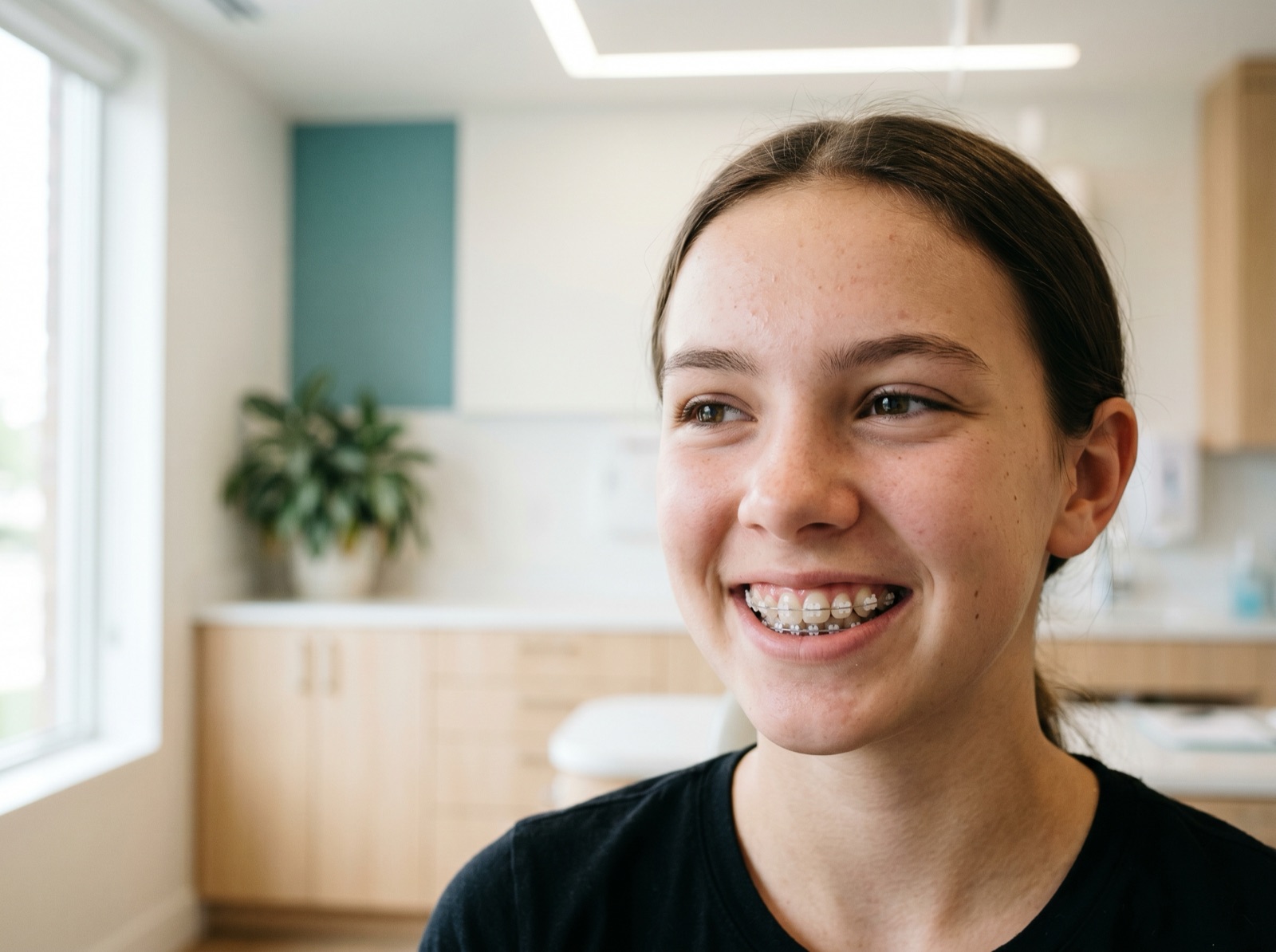 A smiling teenager with braces during orthodontic treatment