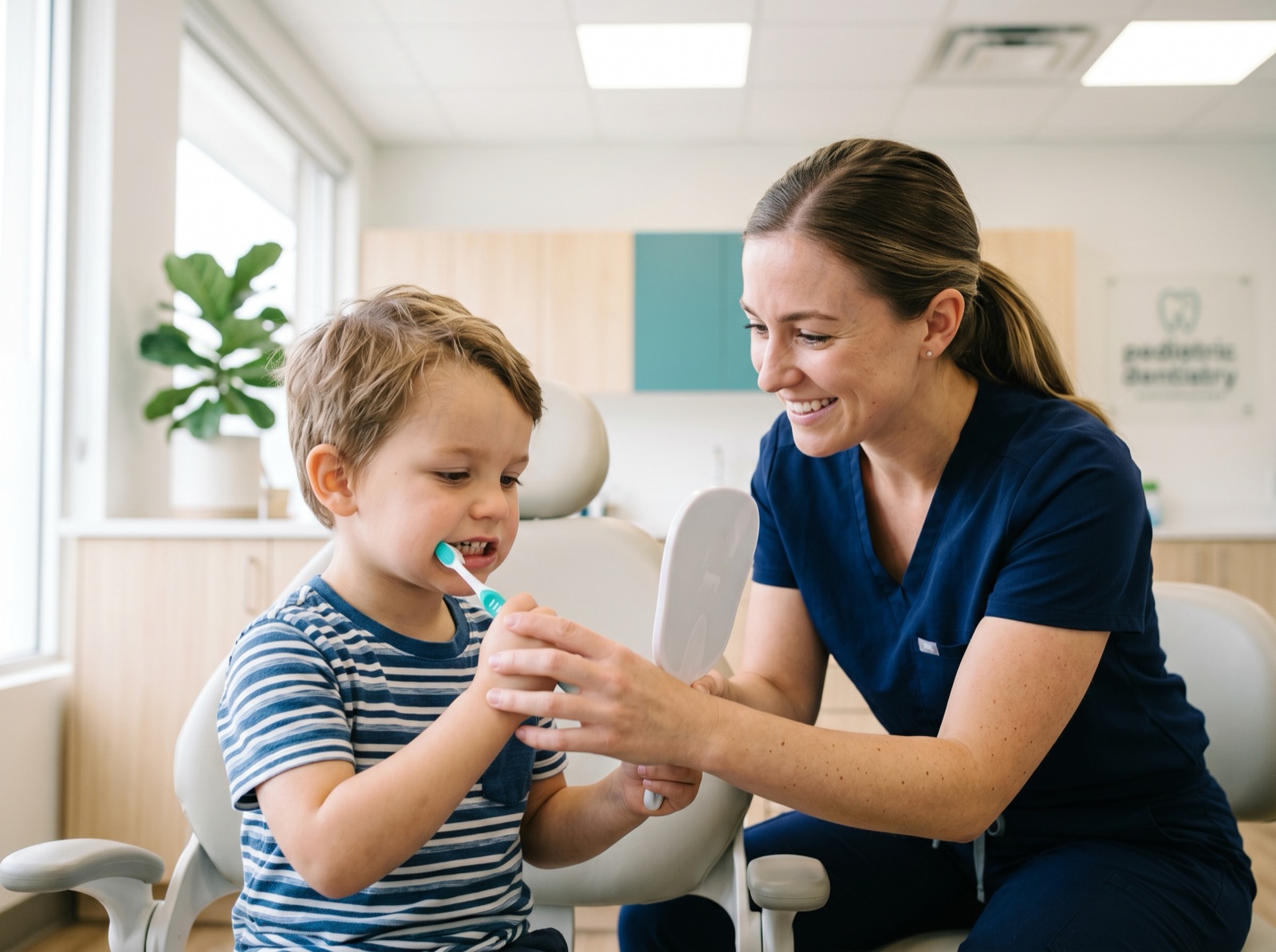 A child learning to brush their teeth with gentle guidance