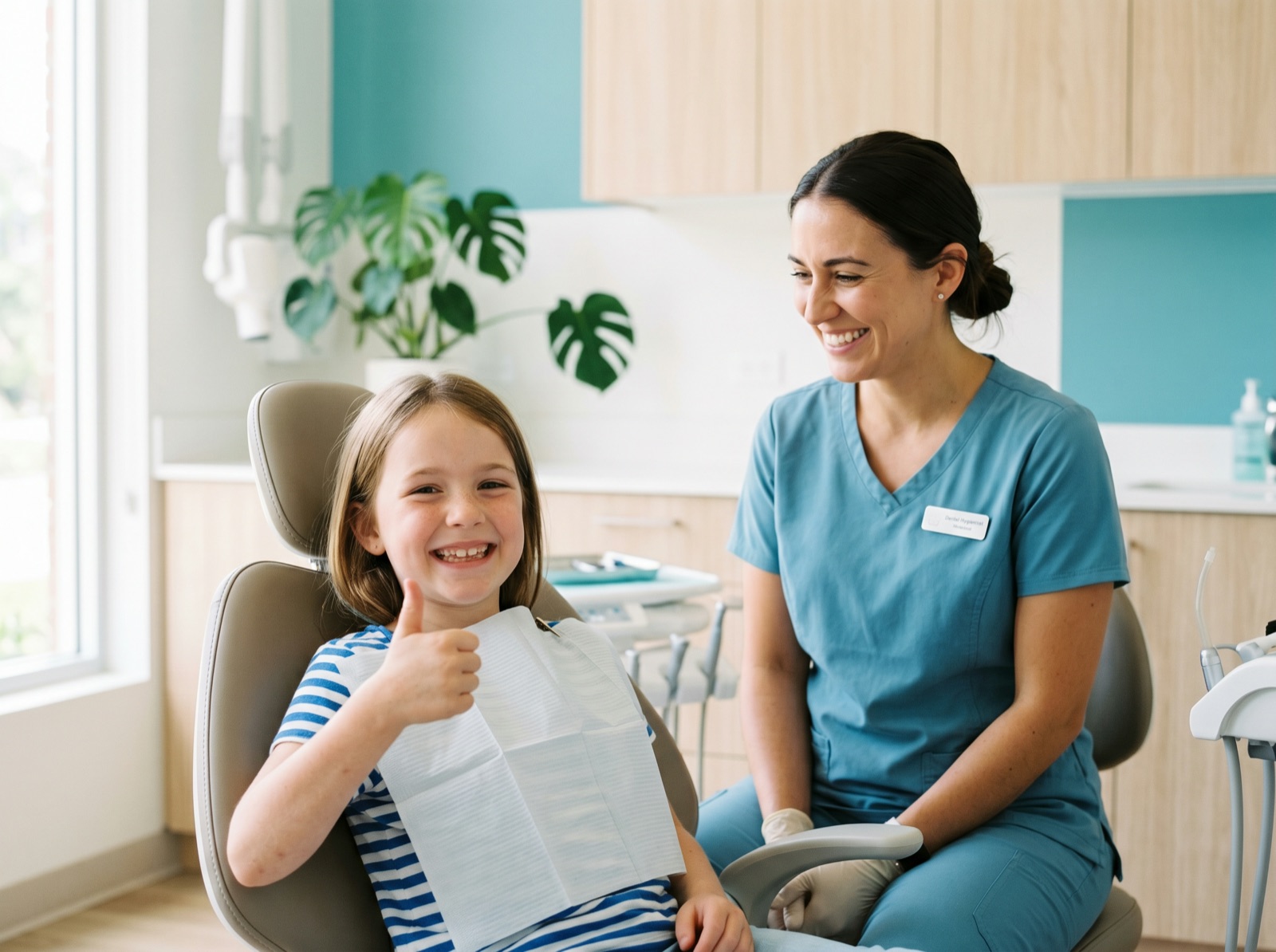 A happy young child giving a thumbs-up in the dental chair beside a friendly hygienist