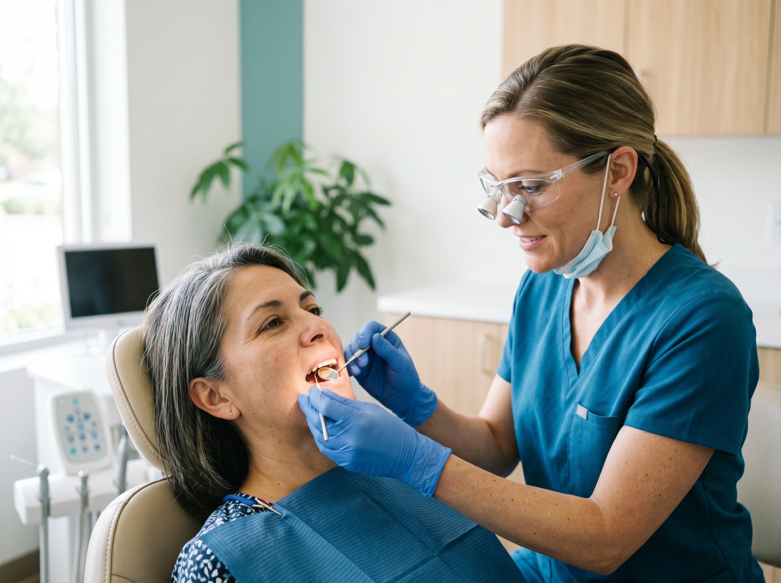 A Trillium dentist gently examining a patient's gums during a periodontal check