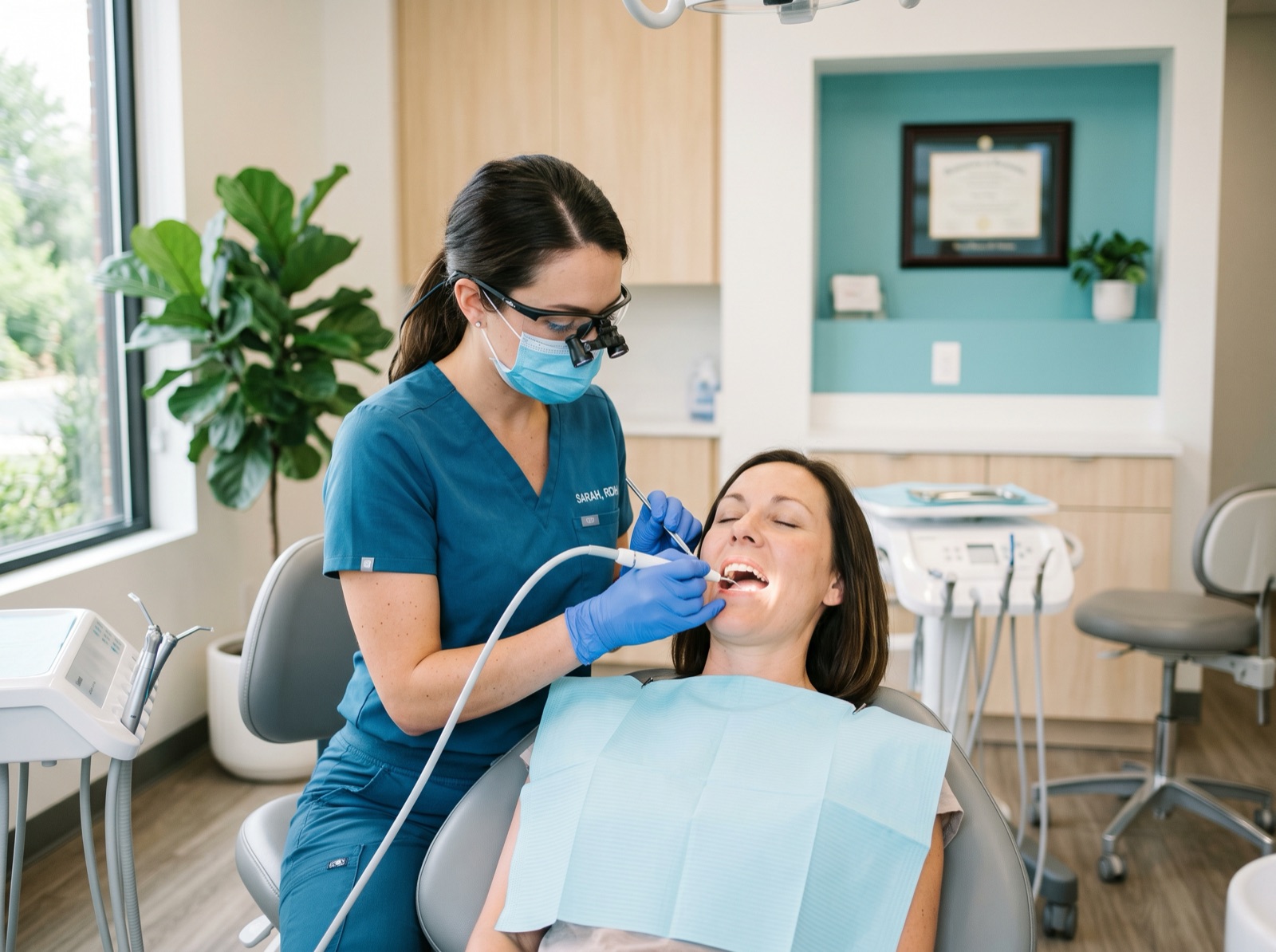 A dental hygienist performing a gentle cleaning on a relaxed patient