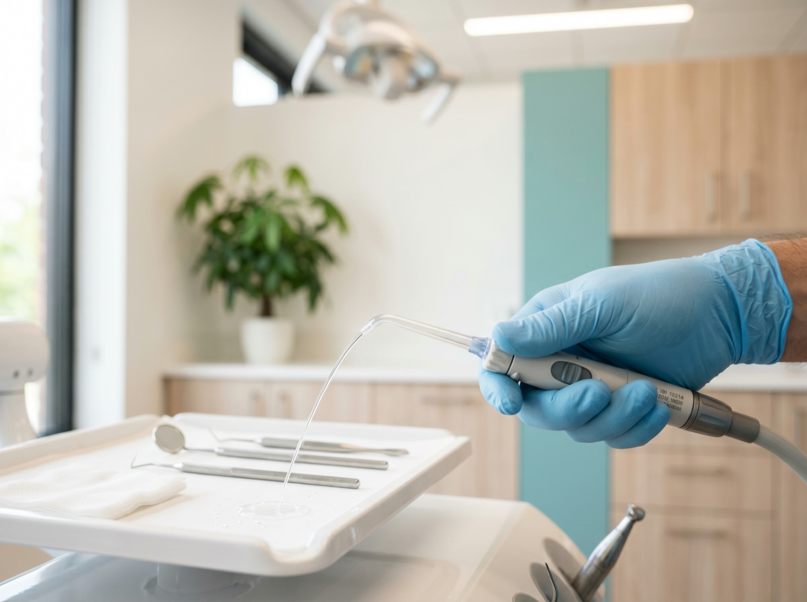 A dentist holding a dental oral irrigator water-jet tip near a clinical tray