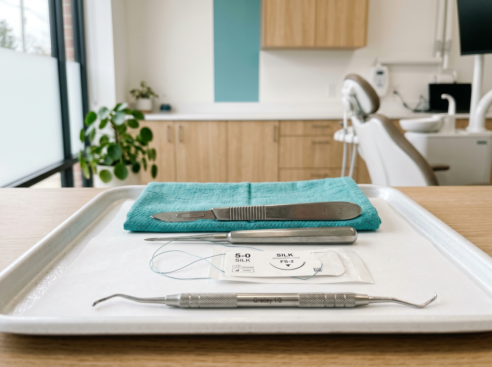A flat-lay of stainless-steel periodontal surgical instruments on a sterile clinical tray