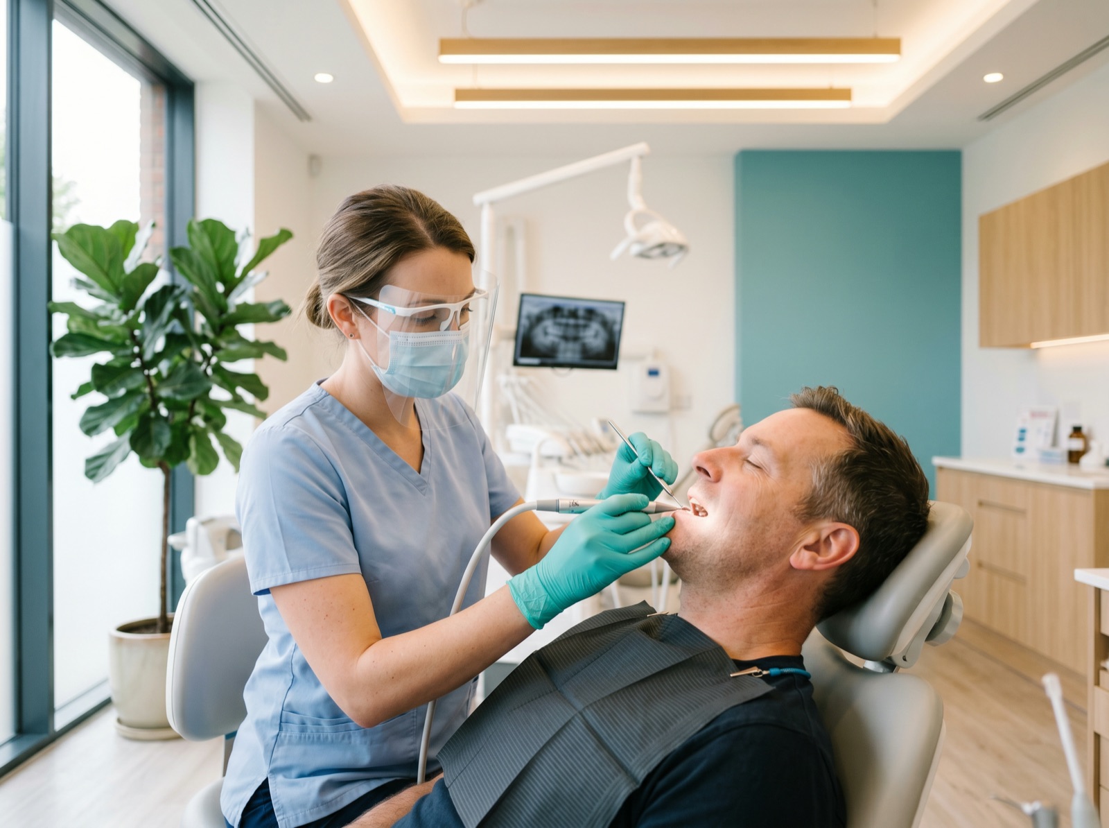 A dental hygienist gently performing a professional teeth cleaning on a relaxed patient