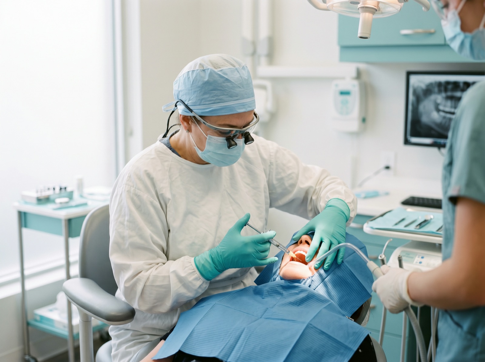A dental surgeon in teal gloves carefully applying treatment to a surgical site with a small syringe
