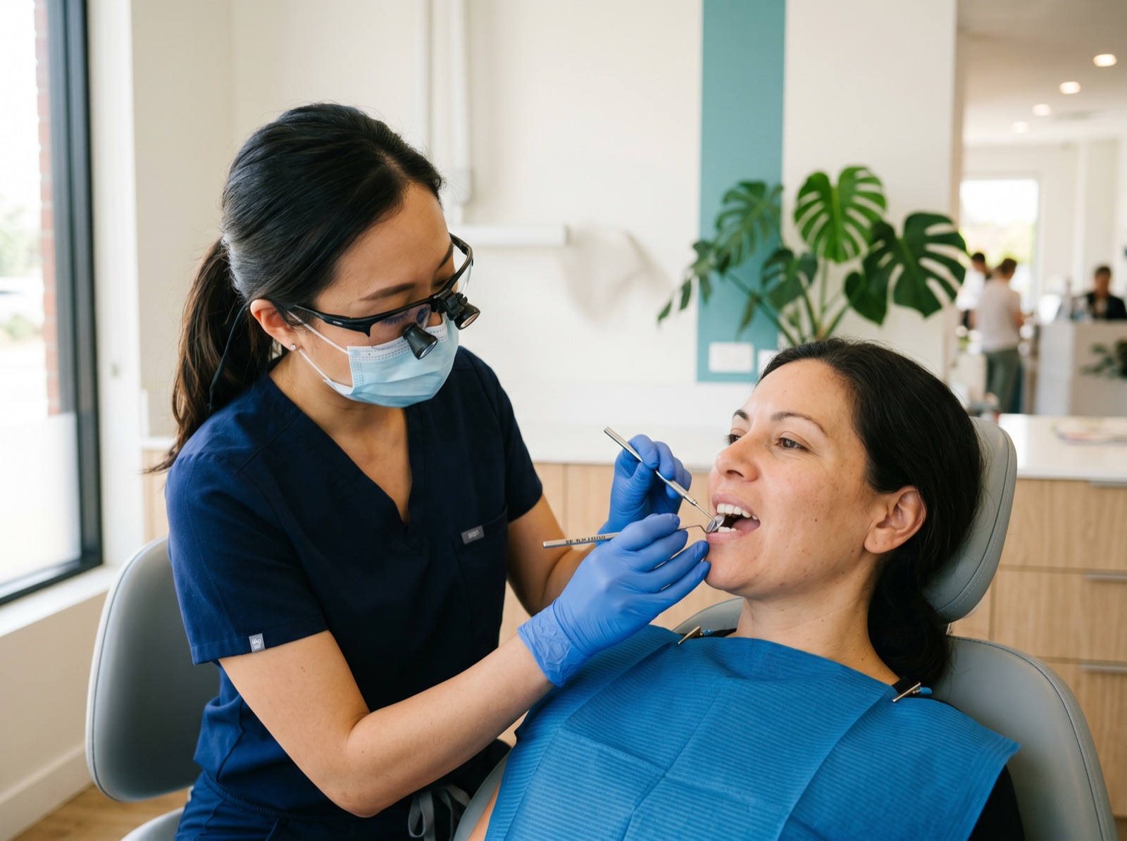 A dentist gently examining a patient's receding gumline with a dental mirror and probe