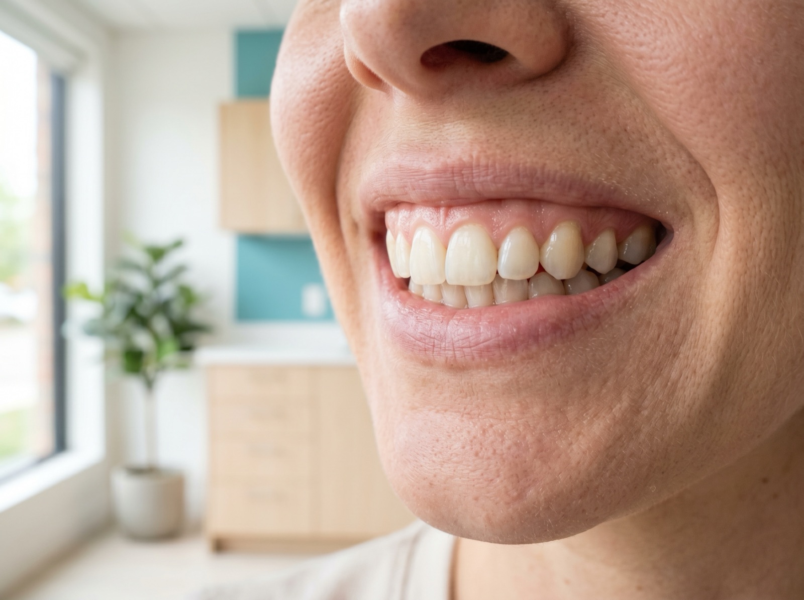 A healthy adult close-up smile with even, healthy-looking gums