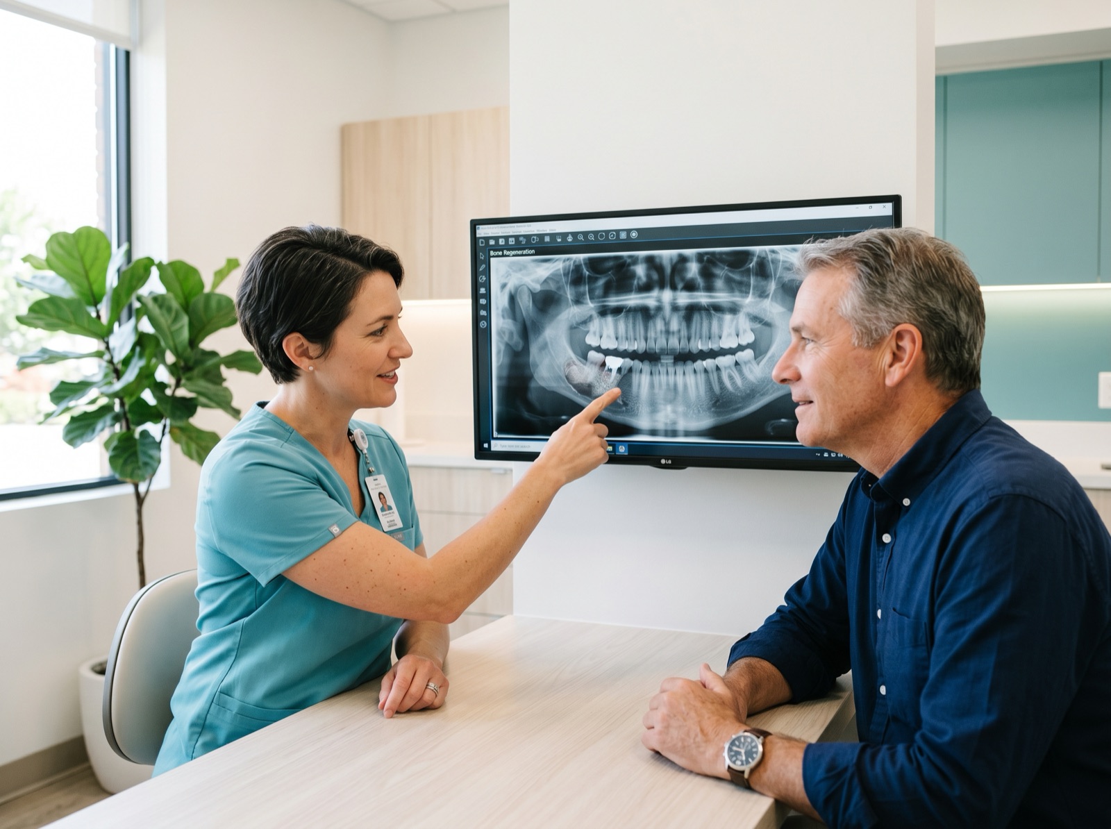 A dentist reviewing a panoramic jaw x-ray on a monitor with an attentive adult patient