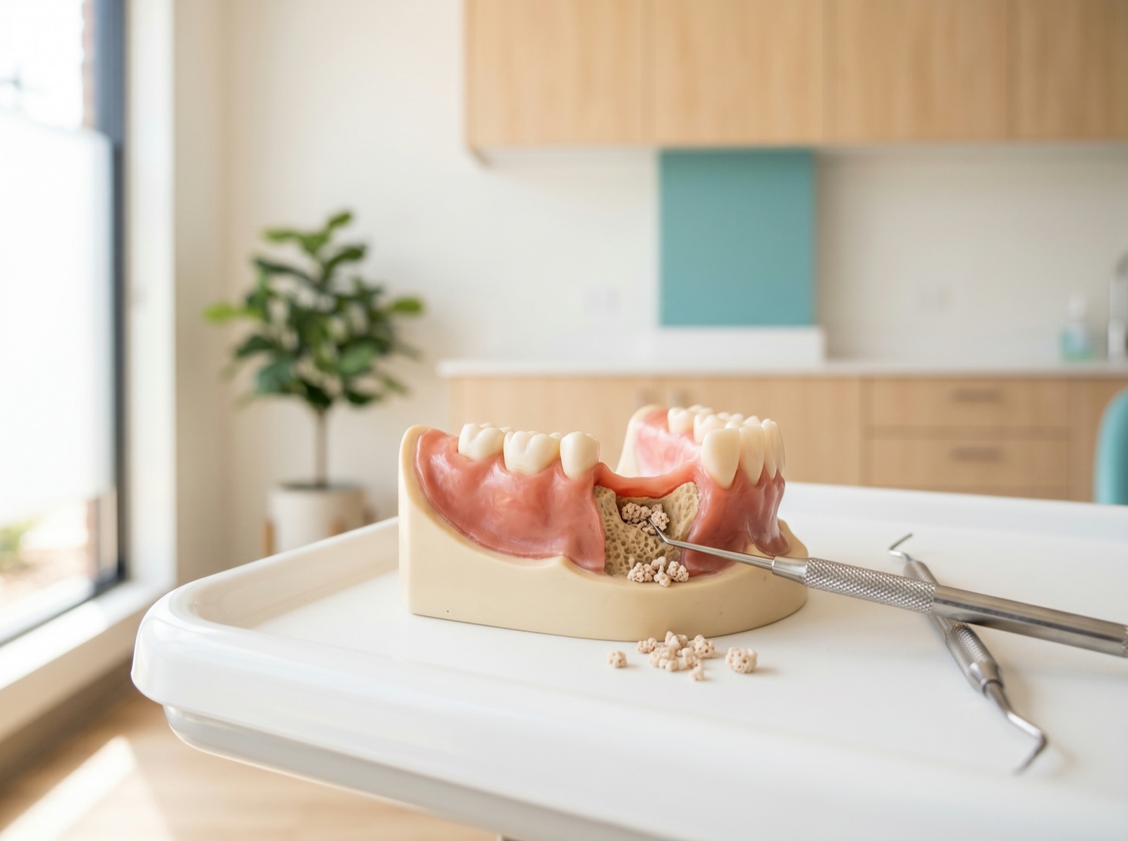 A dental model of a lower jaw section showing bone-graft granules being placed into a bony defect