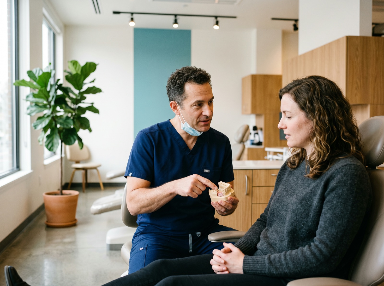 A dentist holding a small jaw model and explaining ridge rebuilding to a seated patient