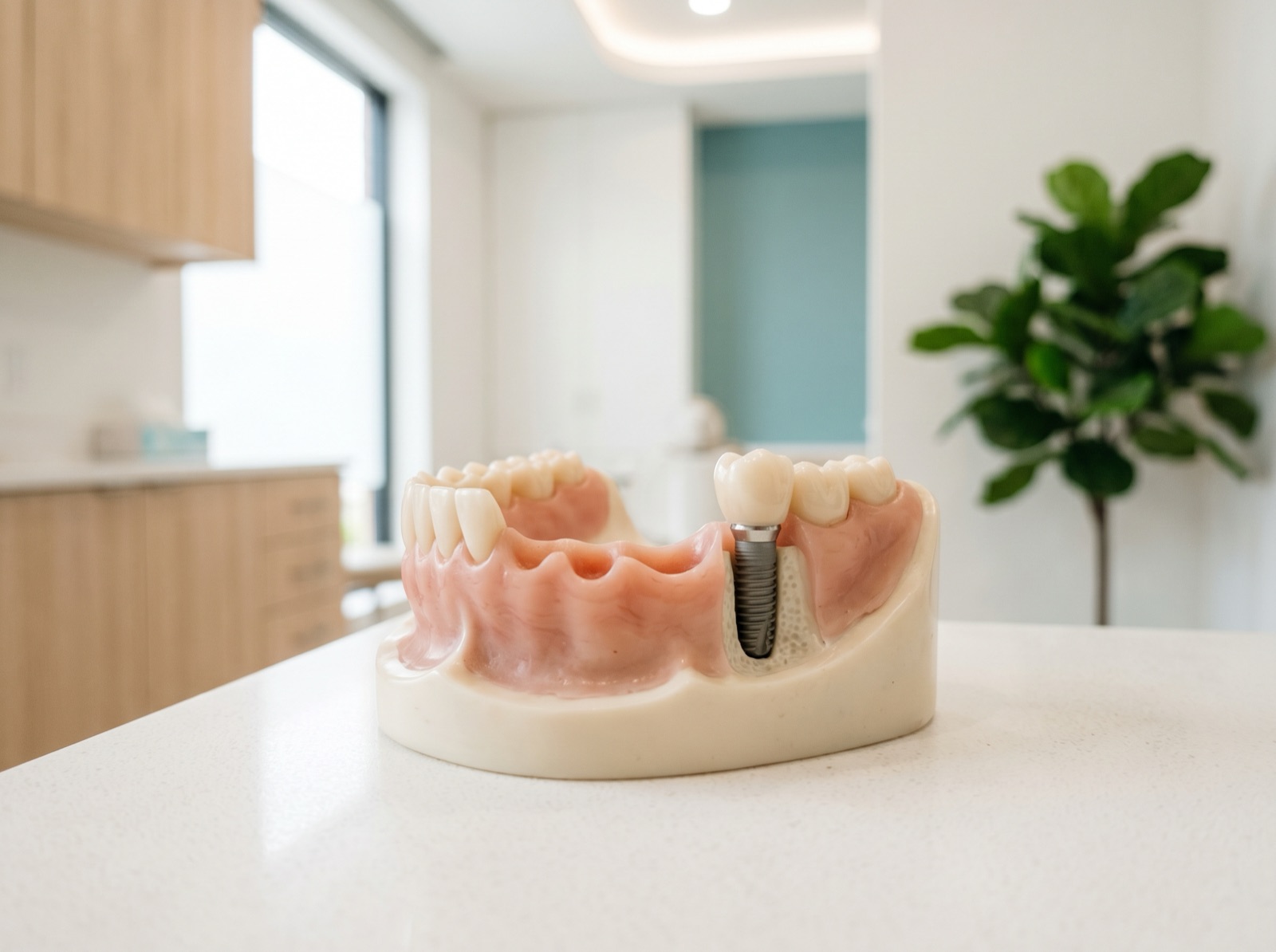 An anatomical model of a jaw ridge with an indentation, shown beside a dental implant model