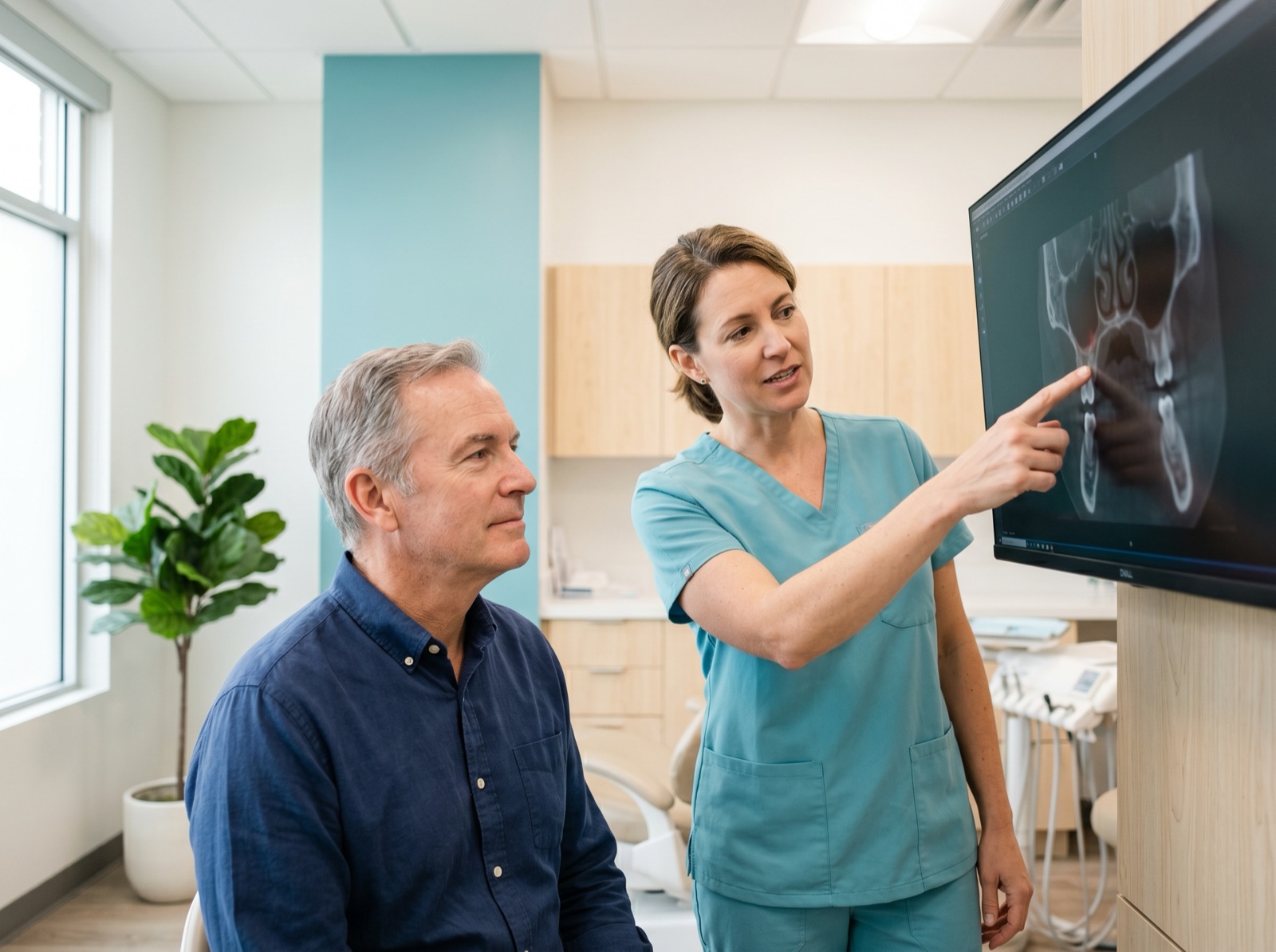 A dentist pointing to the upper-jaw sinus region on a dental scan while a patient looks on